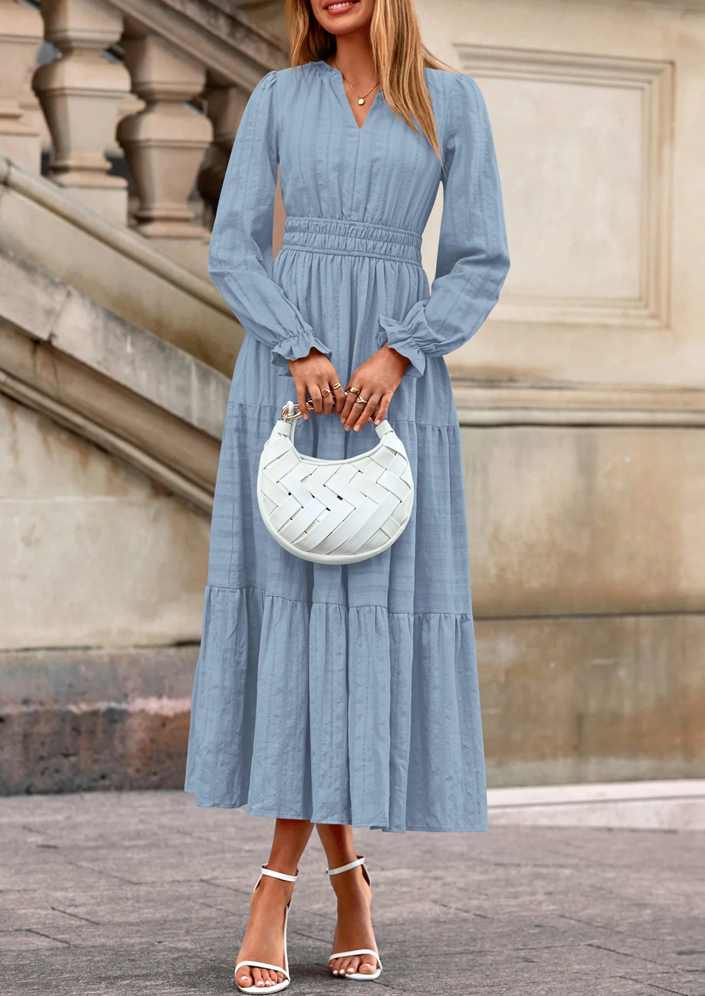 Women's Fall Wedding Guest Dresses Long Sleeve V Neck Flowy Elegant Holiday Party Maxi Dress with Pockets