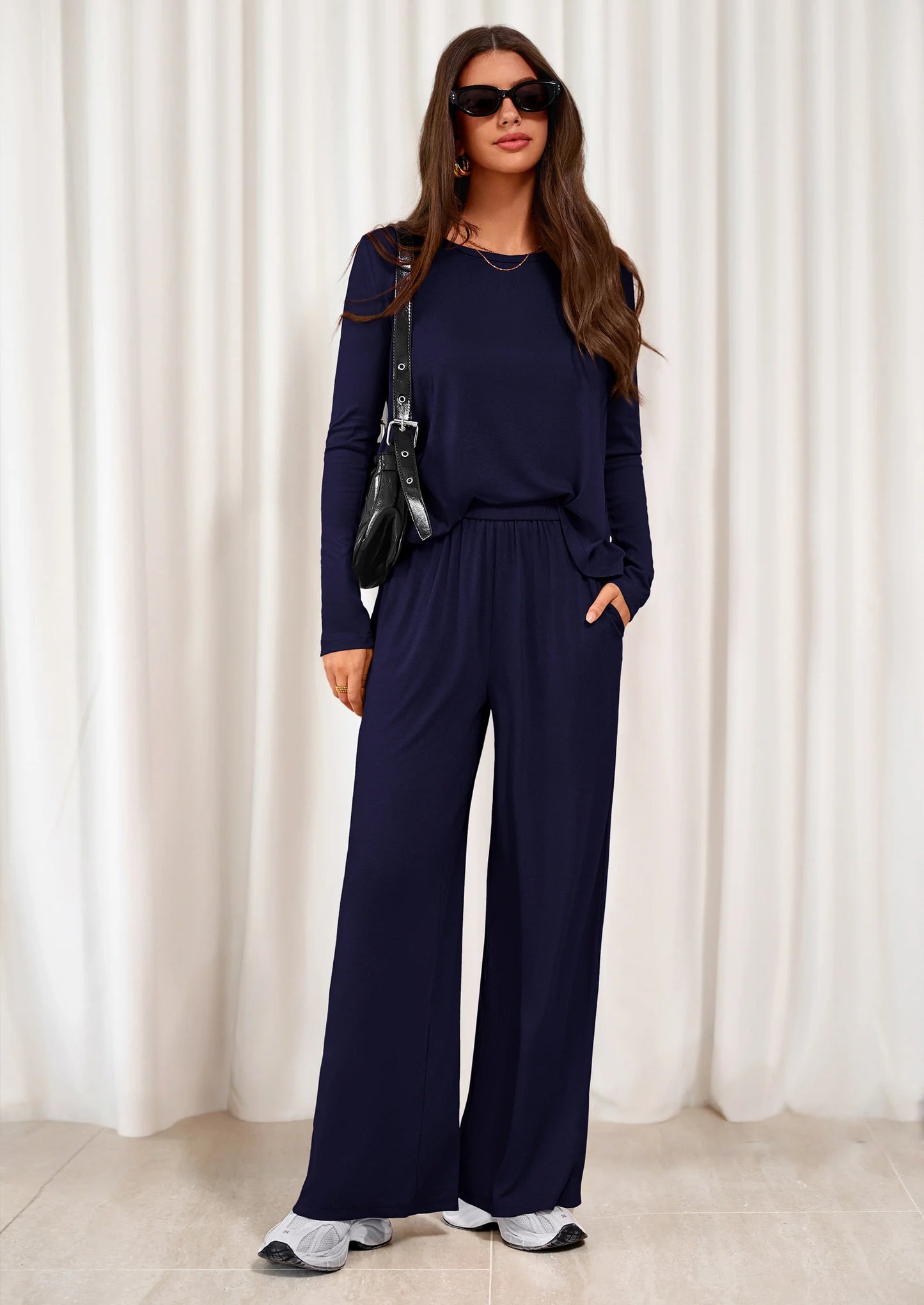 Women's 2 Piece Fall Sets  Casual Long Sleeve Shirts Wide Leg Pants Lounge Travel Outfits Fashion Clothing