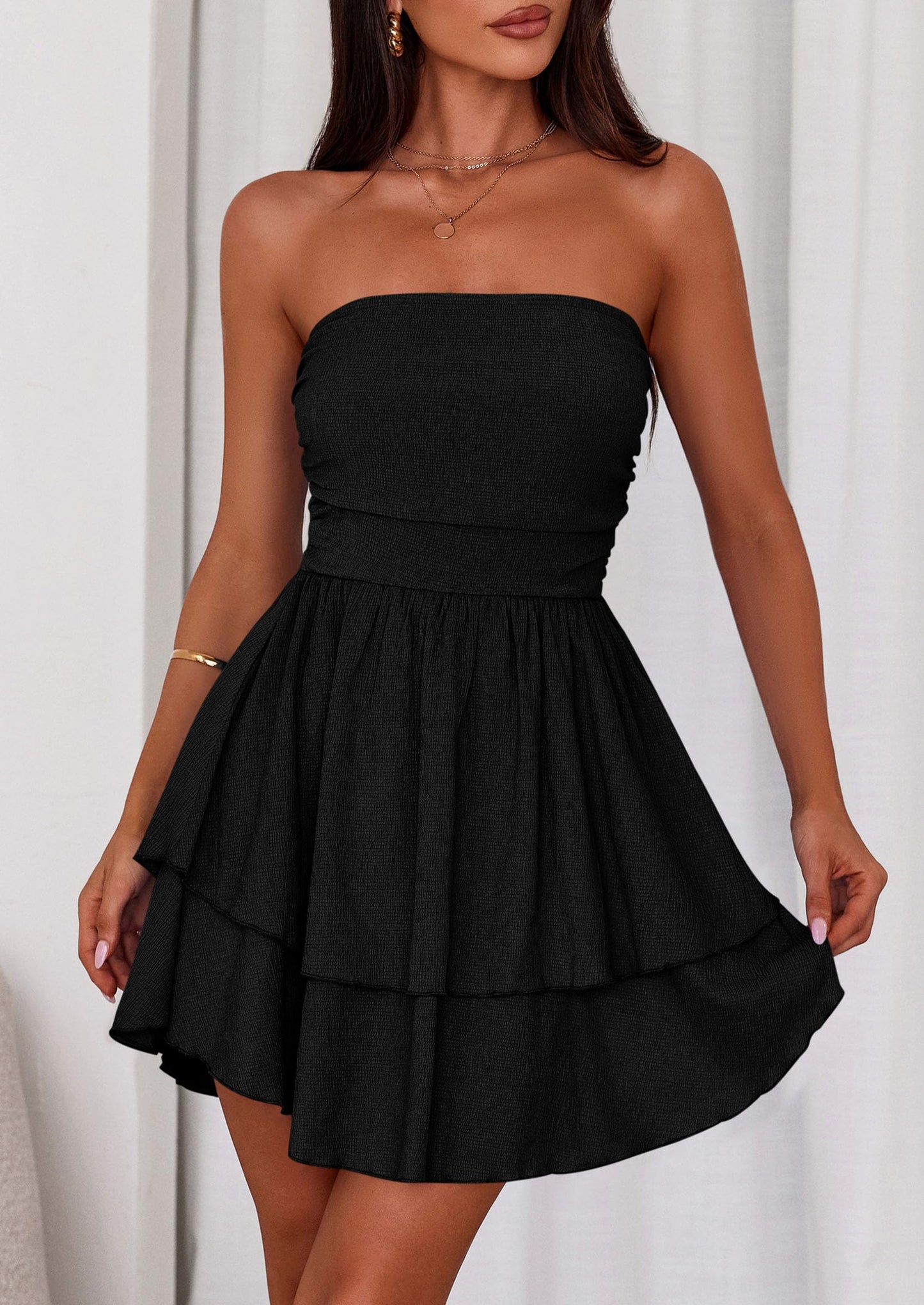 Women's Summer Strapless Tube Mini Dress Off Shoulder Smocked Ruffle A Line Flowy Short Party Club Dresses