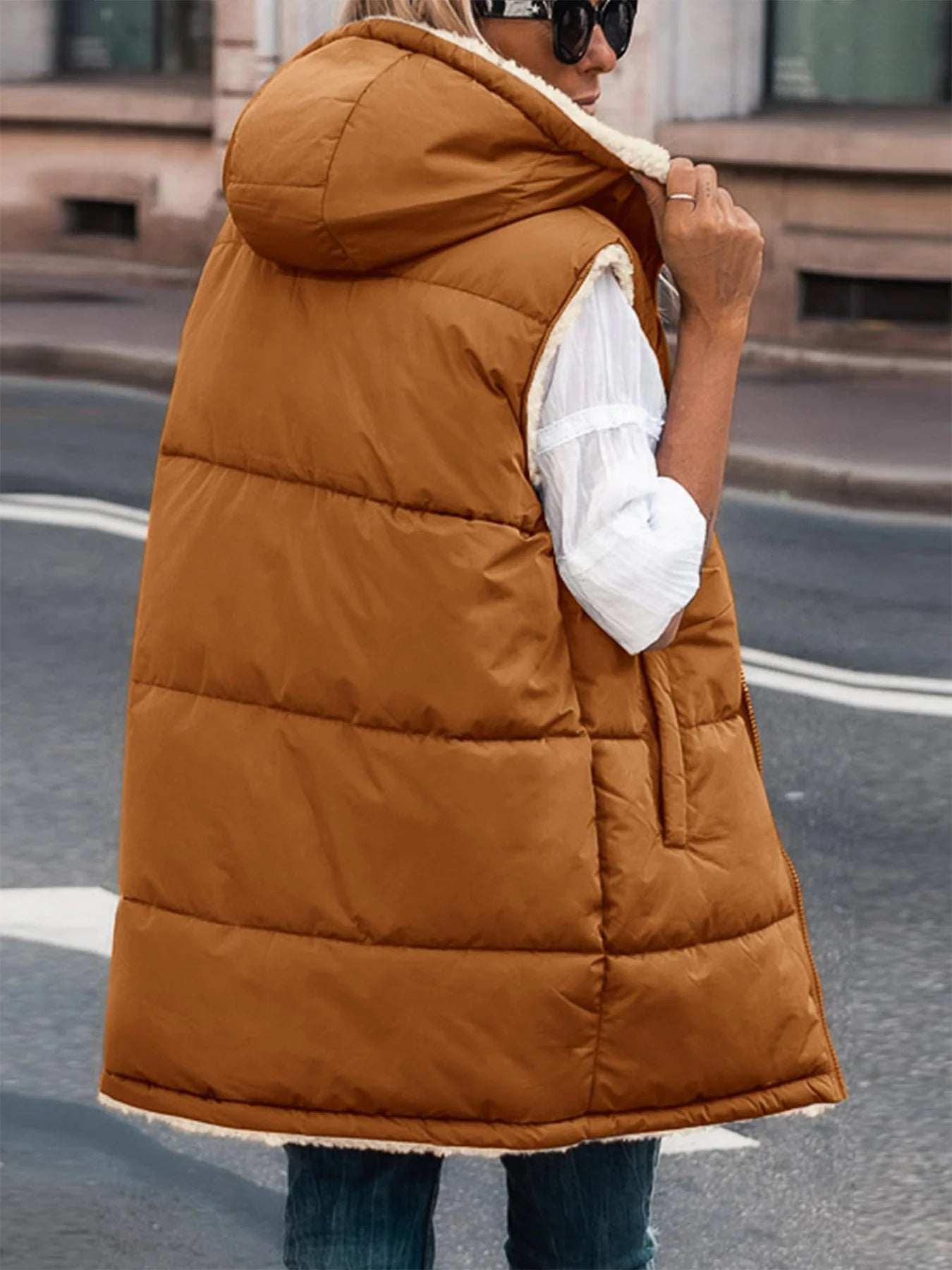 Womens Fall Reversible Vests Sleeveless Fleece Jacket Zip Up Hoodie Pockets Long Warm Winter Coat Outerwear