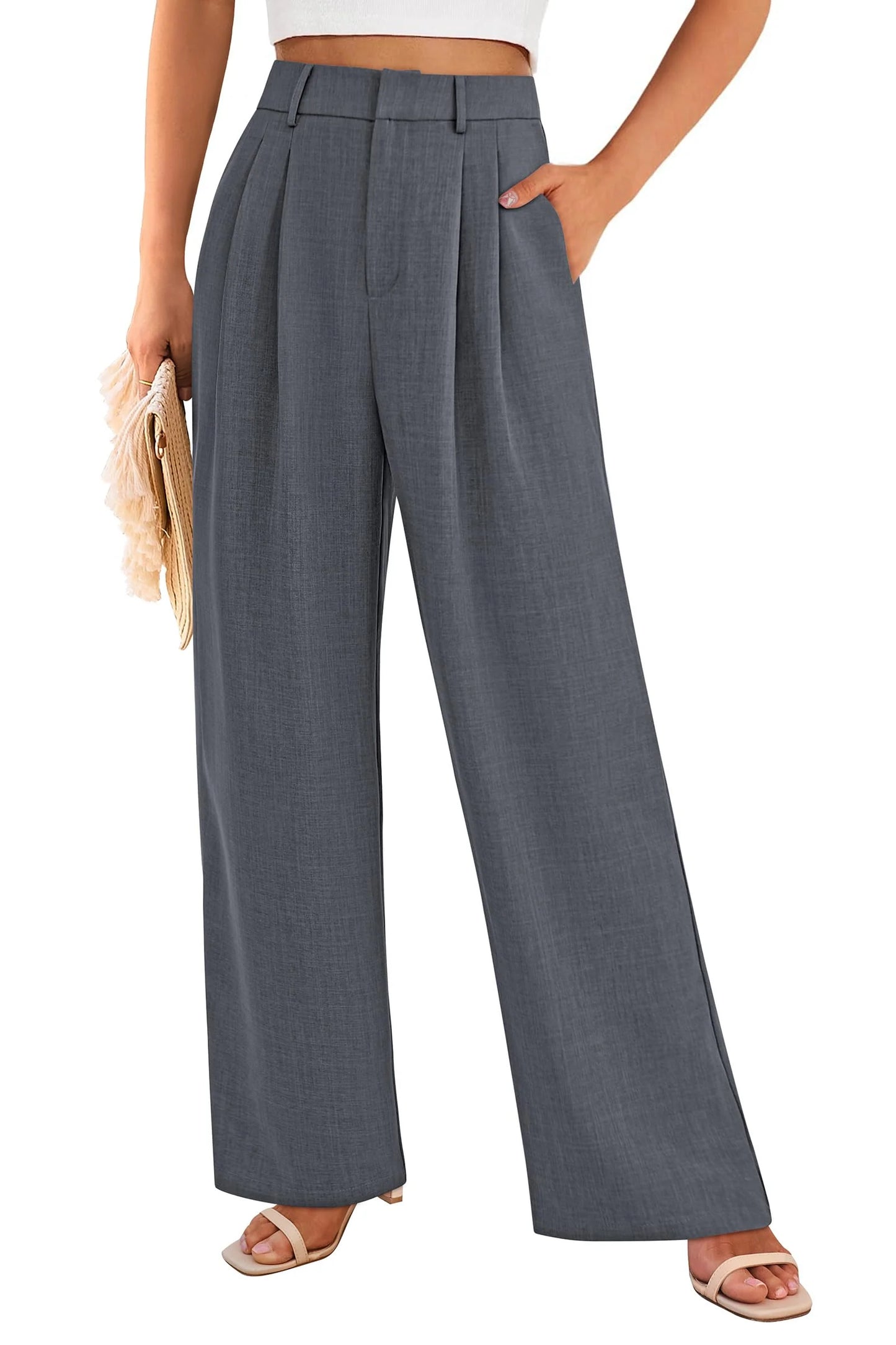 Women's Summer Elastic High Waisted Work Pants Straight Leg Dressy Business Casual Trousers Slacks Pockets