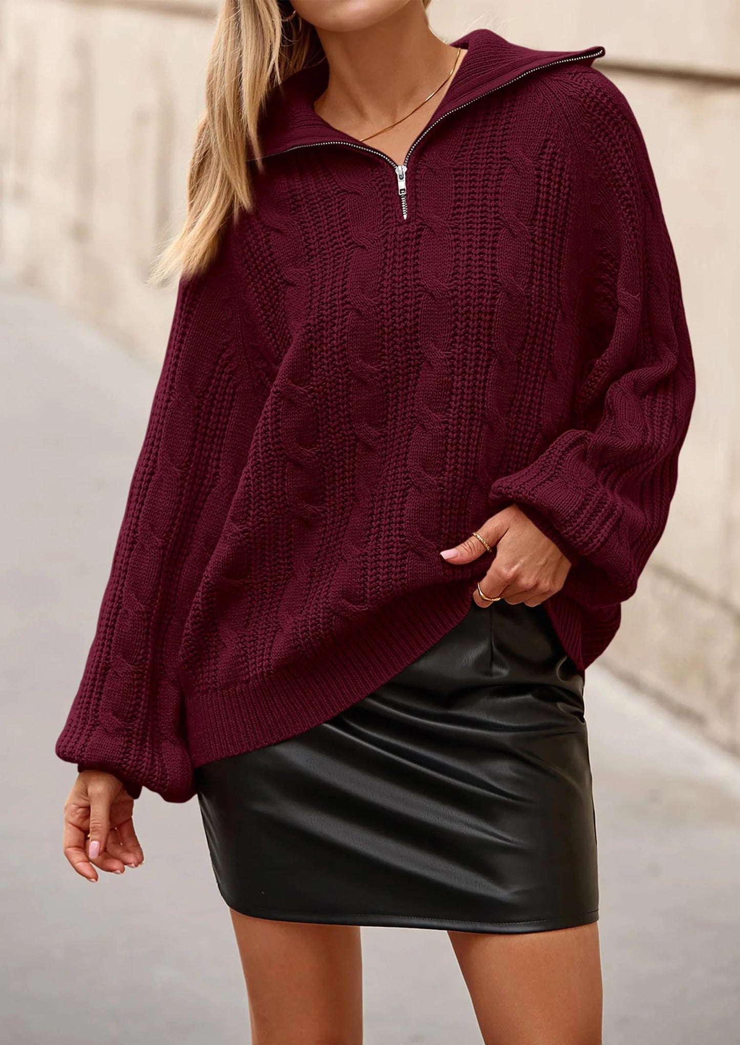 BTFBM Sweaters for Women Fall Fashion Loose Quarter Zip Pullover Collared Long Sleeve Cable Knit Winter Clothes