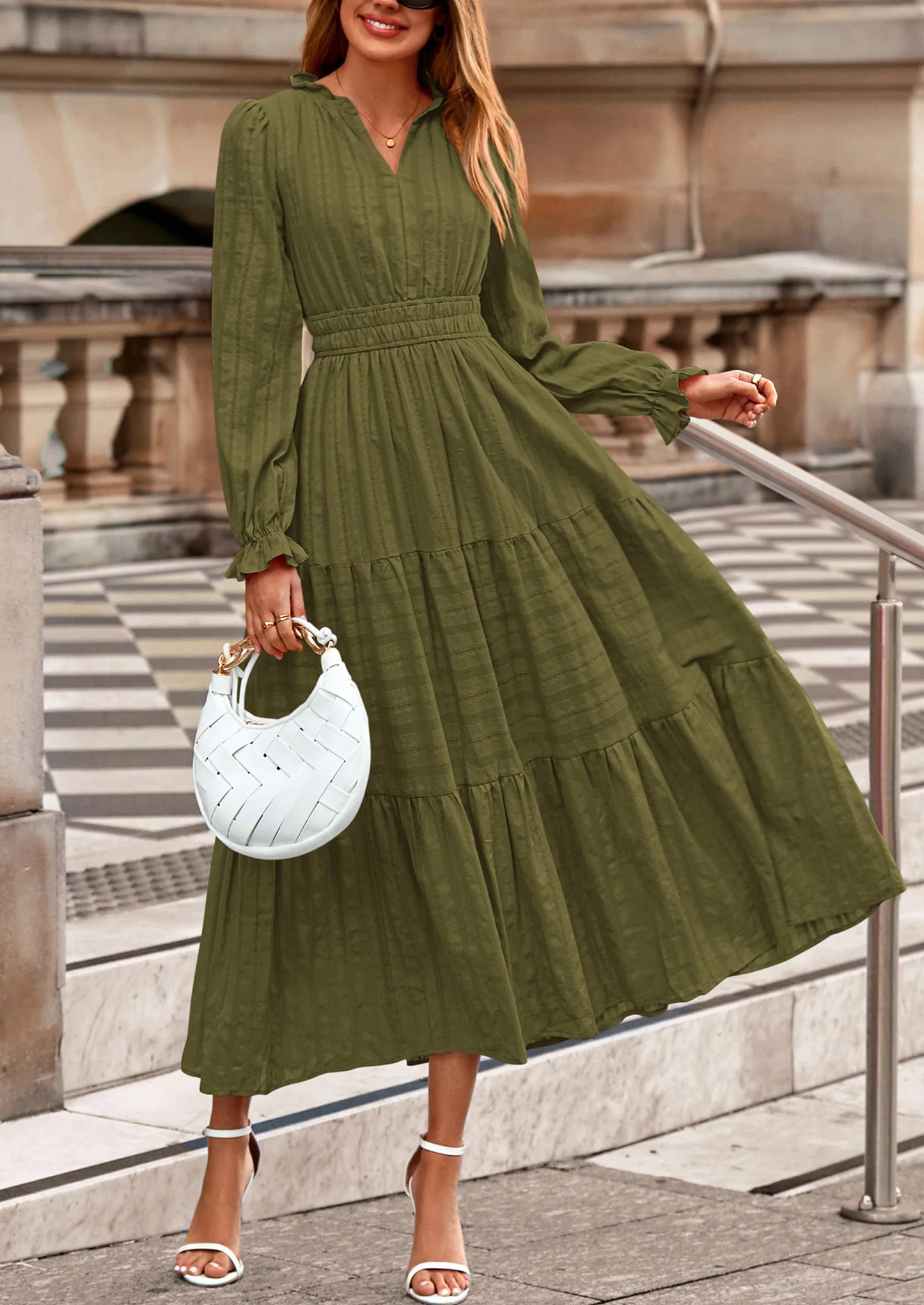 Women's Fall Wedding Guest Dresses Long Sleeve V Neck Flowy Elegant Holiday Party Maxi Dress with Pockets