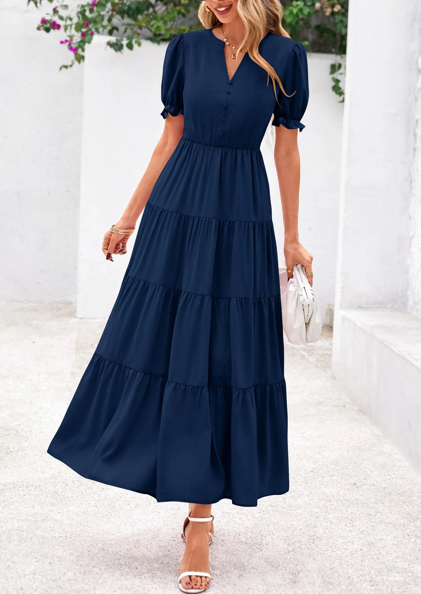 Women's Casual Short Sleeve V Neck Midi Dresses Spring A-line Tiered Wedding Guest Dress