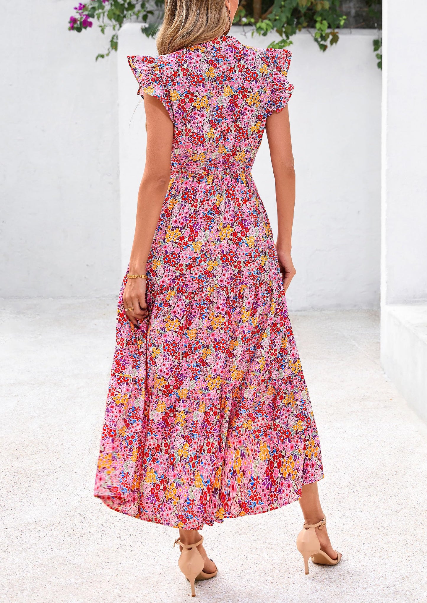 Women's Summer Floral Midi Dress Cap Sleeve V Neck Ruffle Long Flowy Boho Casual Beach Vacation Dresses
