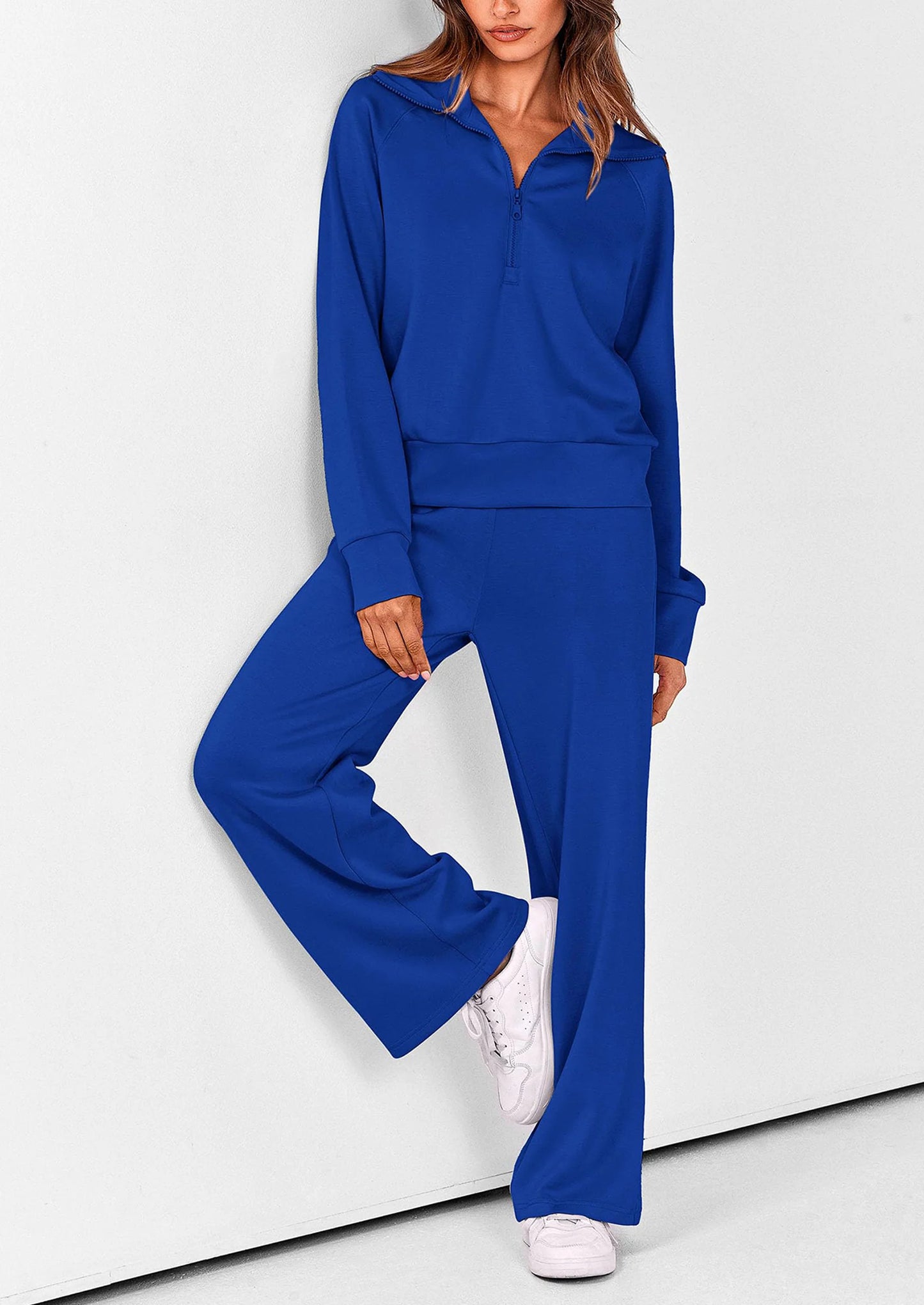Women's 2 Piece Outfits Casual Lapel Half Zip Sweatshirts And Wide Leg Pants Tracksuit Sets