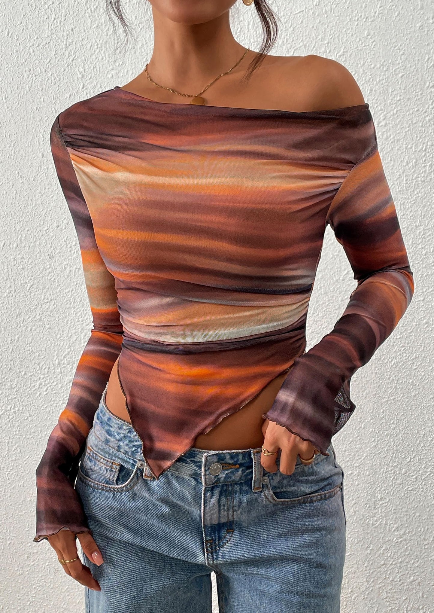 Womens Fall Trendy Off Shoulder Tops Tie Dye Mesh Long Sleeve Shirts Asymmetrical Ruched Floral Blouse