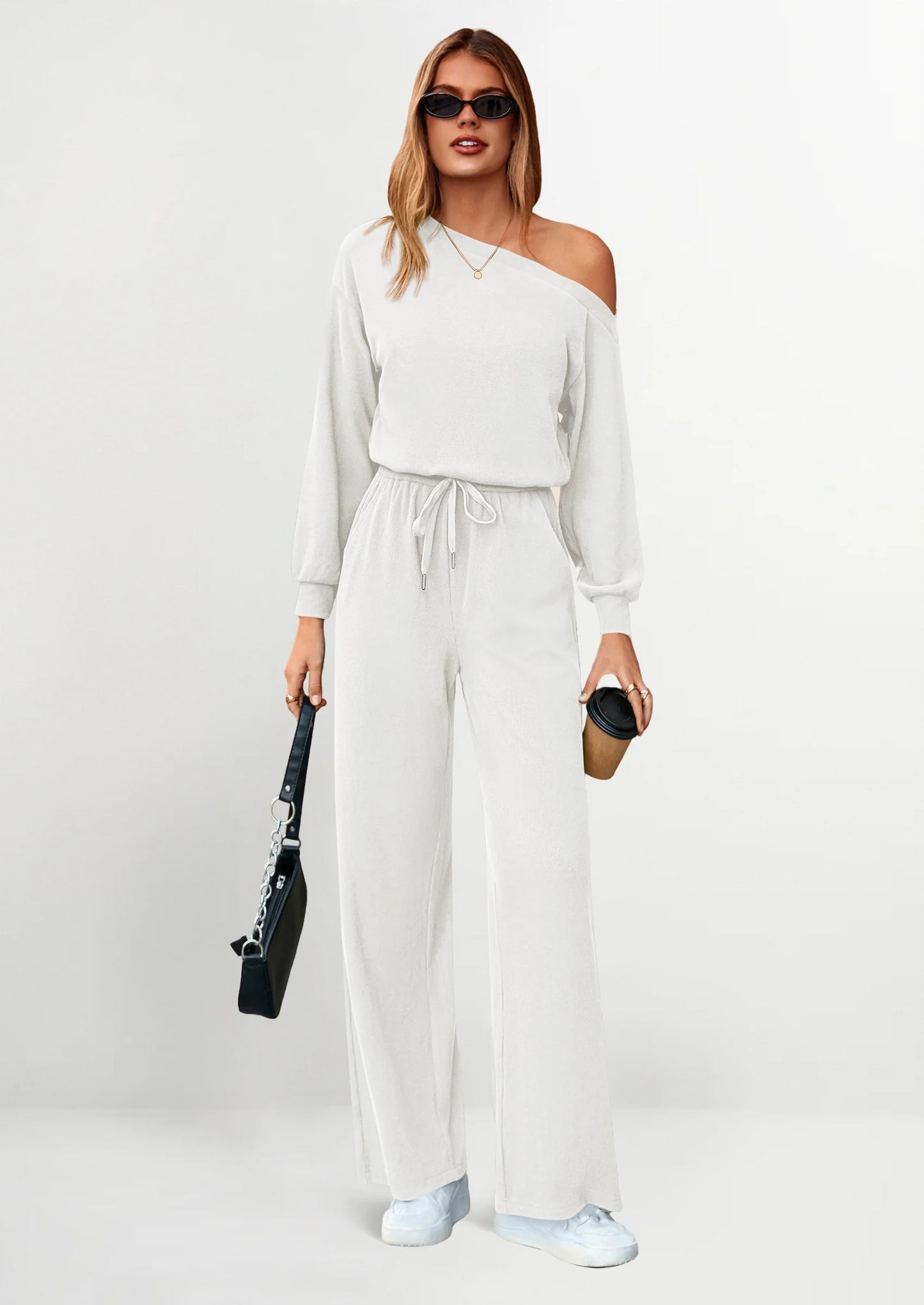 Long Sleeve Jumpsuit For Women Dressy Off Shoulder One Piece Loose Wide Leg Jumpsuits Casual Flowy Romper