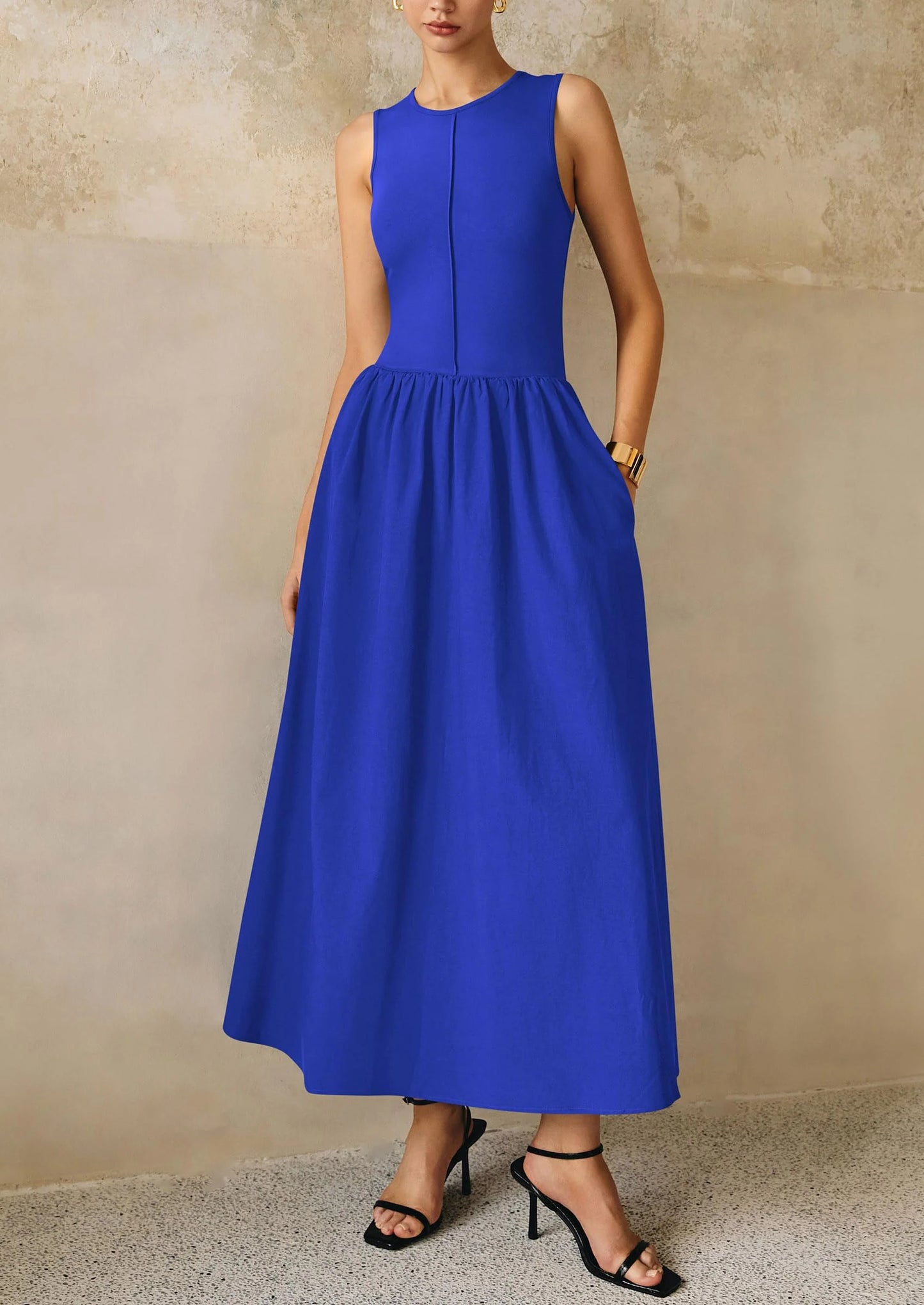 Women Maxi Dresses Casual Sleeveless Patchwork Knit Tank Dress Flowy Beach Sundress Long Dress