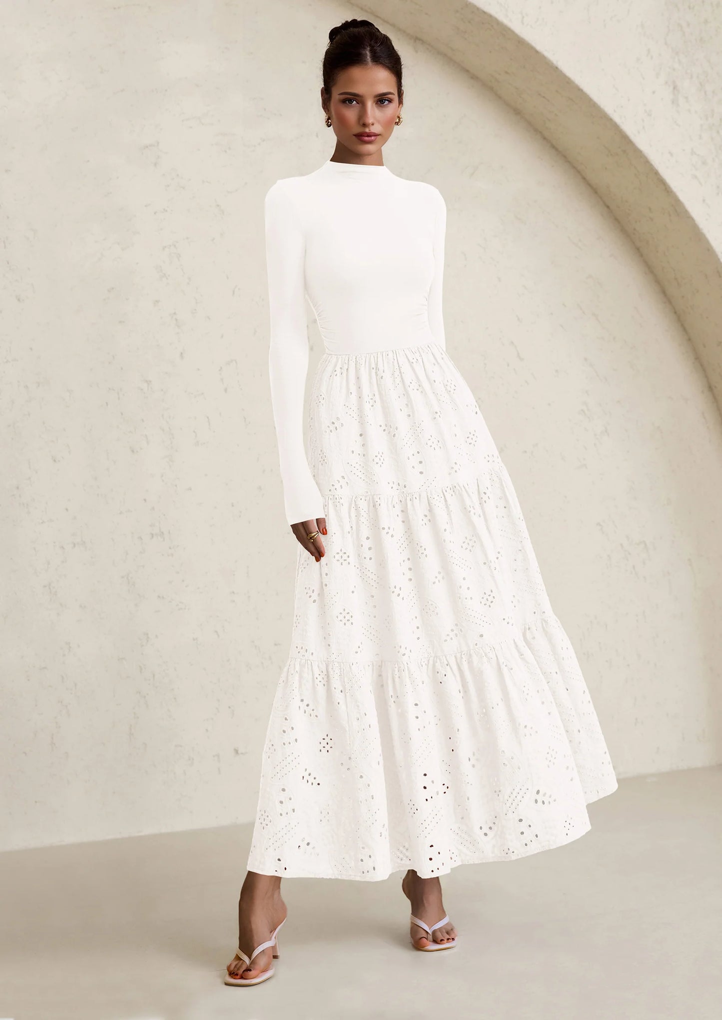 Long Sleeve Dress for Women Fall Eyelet Mock Neck A Line Elegant Classy Maxi Wedding Guest Dresses Pockets