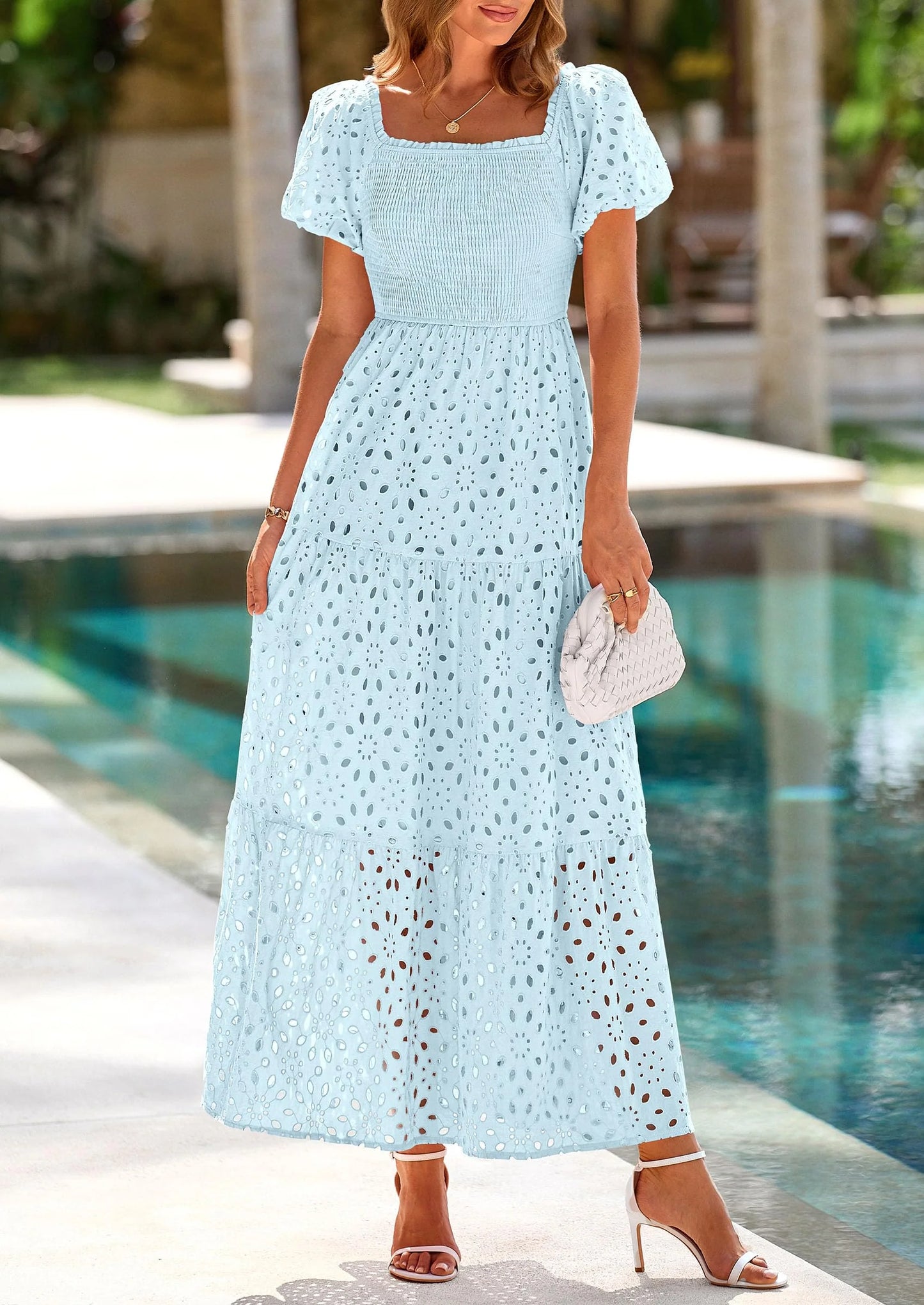 Dresses for Women Eyelet Square Neck Puff Sleeve Smocked Wedding Guest Maxi Dress with Pockets