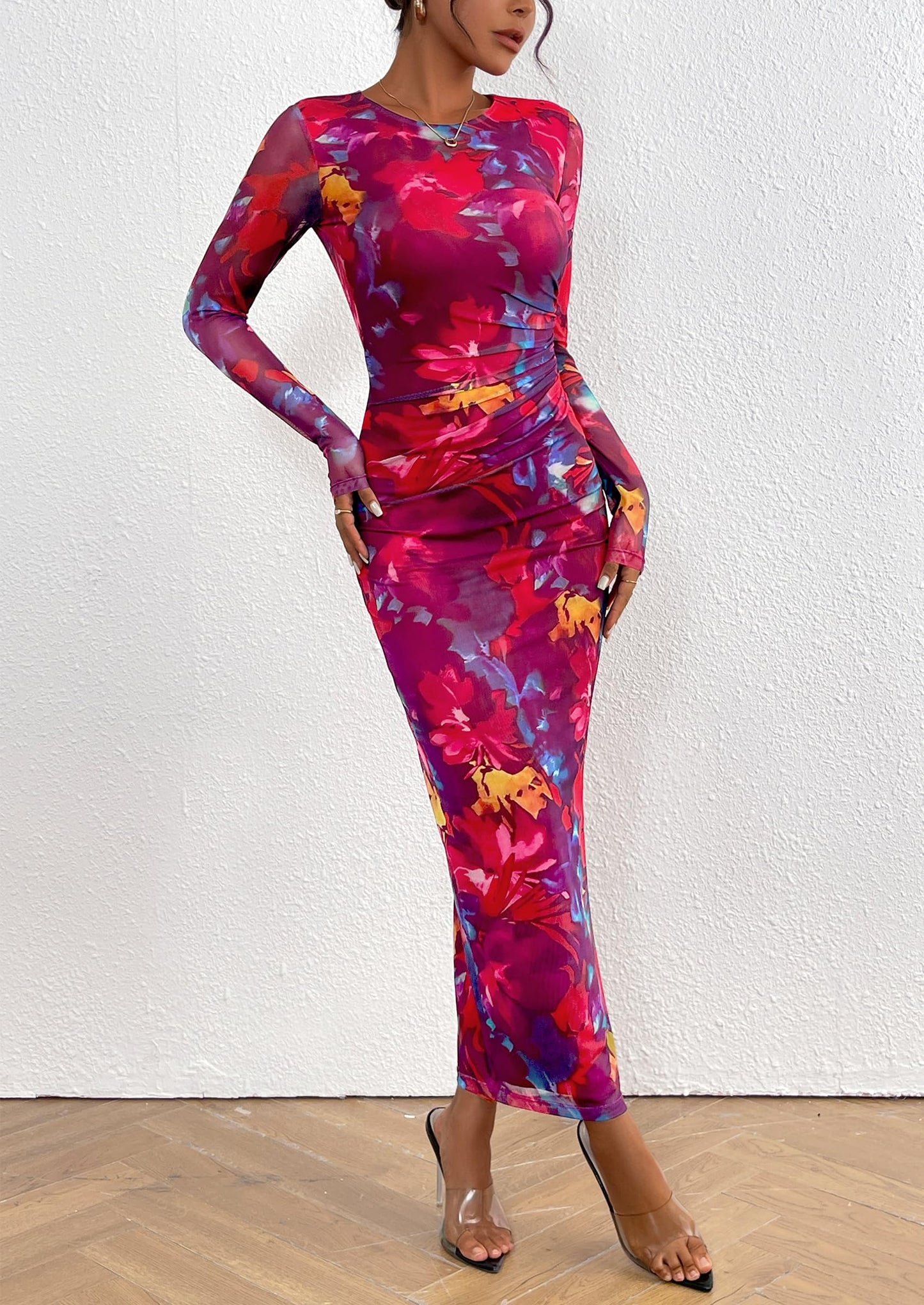 Women's Bodycon Maxi Dress Fall Spring Fashion Long Sleeve Floral Print Tight Fitted Party Club Ruched Dresses