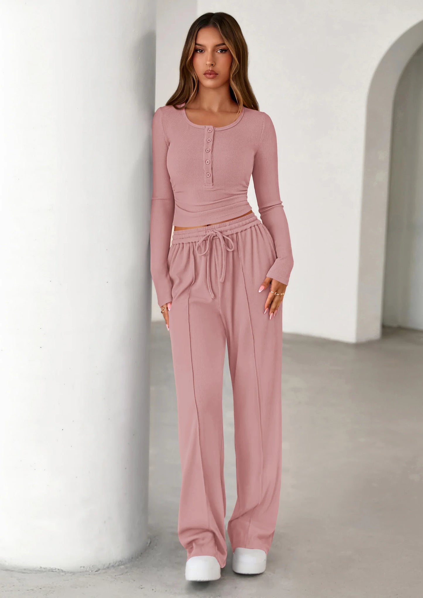 Women's Fall Trendy 2 Piece Outfits Lounge Sets Long Sleeve Top Henley Shirts Wide Leg Pants Travel Clothes
