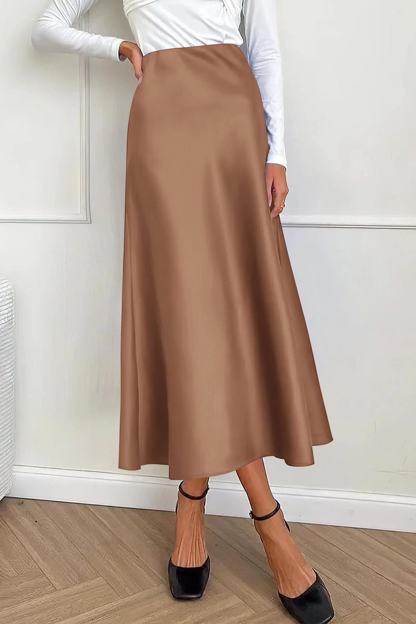 Women's Satin Skirts Dressy Casual Fall High Waisted Cocktail Wedding Flowy Elegant A Line Midi Skirt