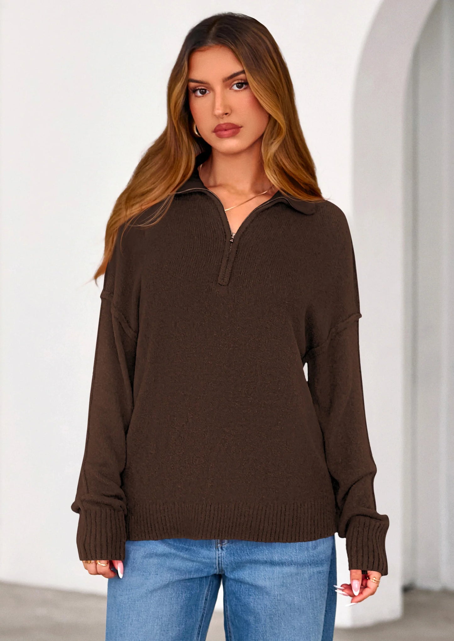Womens Sweaters Quarter Zip Pullover Early Fall Fashion Long Sleeve V Neck Collared Knit Winter Jumper Tops