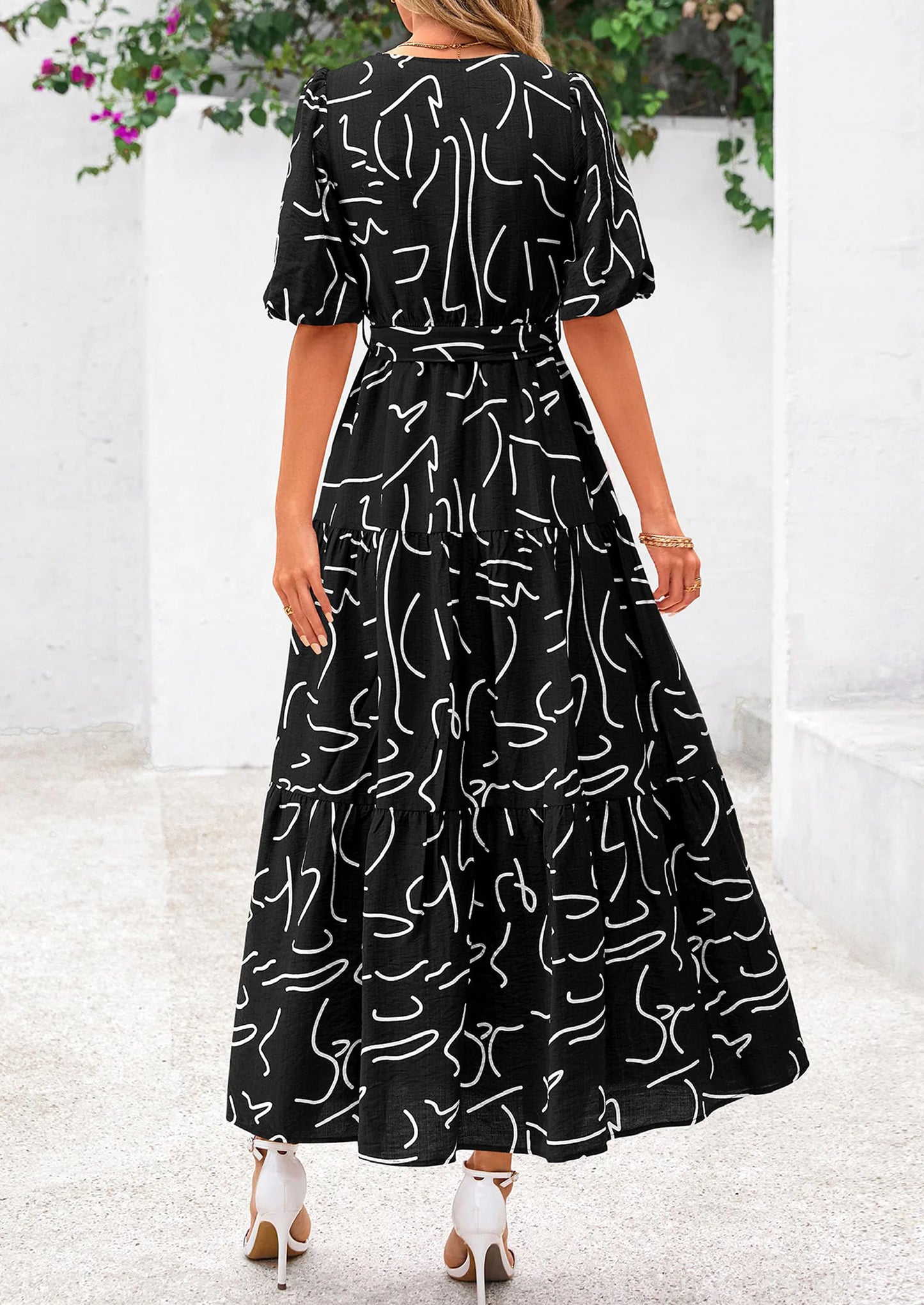 Women's Maxi Dress Resort Wear Boho Floral V Neck Puff Short Sleeve Ruffle Flowy Beach Long Dresses