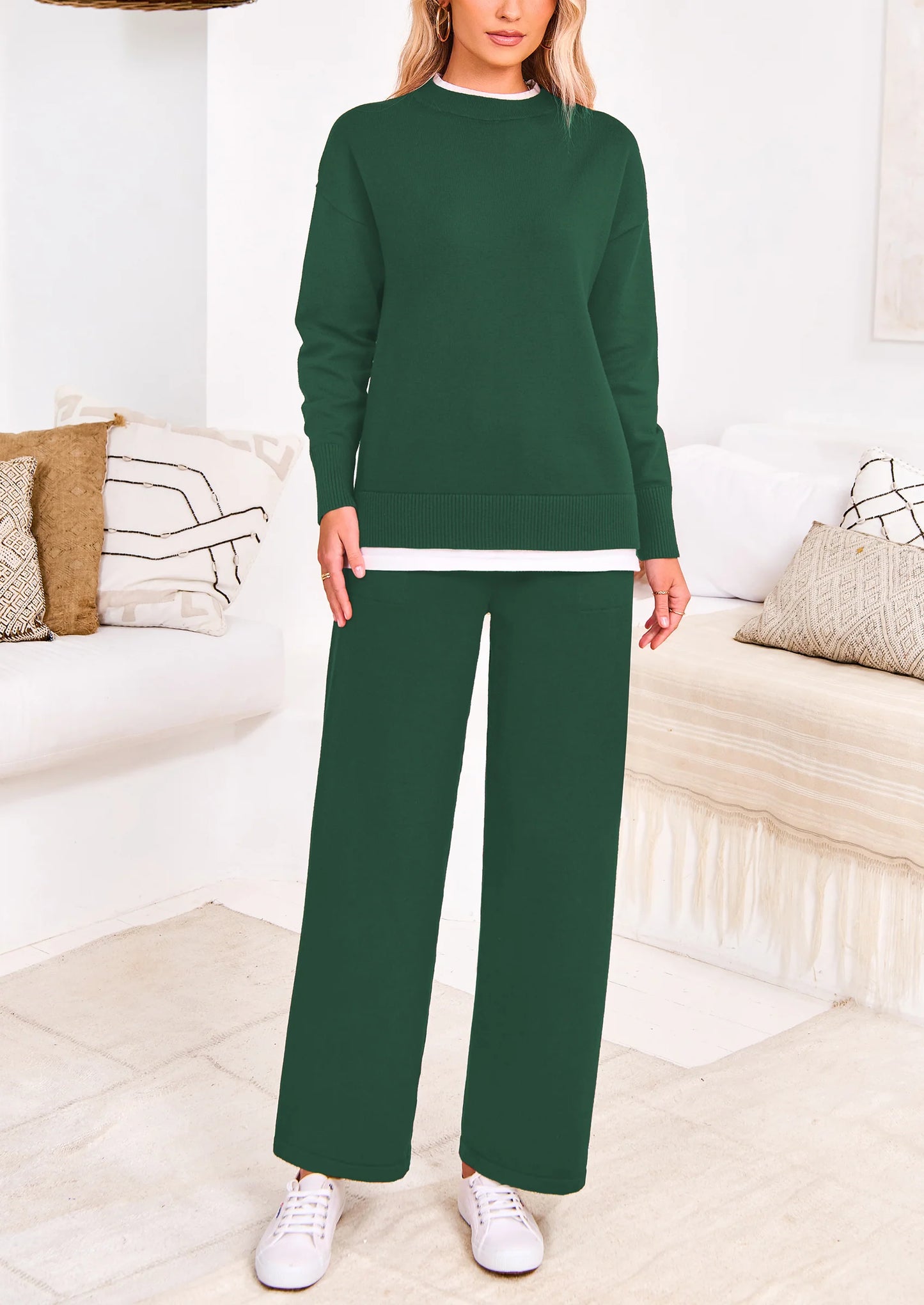 Two Piece Matching Sweater Lounge Sets Knit Long Sleeve Pullover Tops Wide Leg Pants