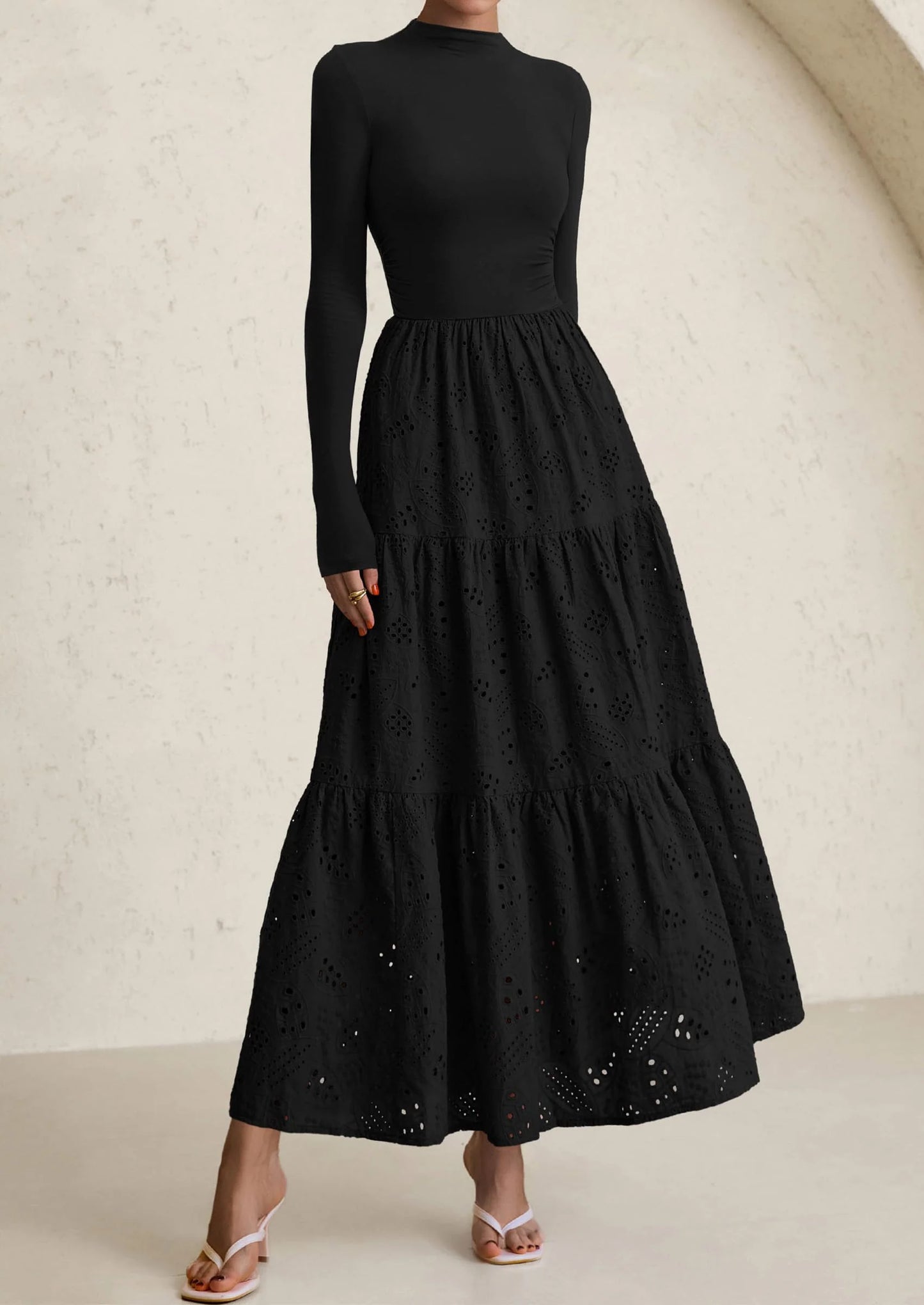 Long Sleeve Dress for Women Fall Eyelet Mock Neck A Line Elegant Classy Maxi Wedding Guest Dresses Pockets
