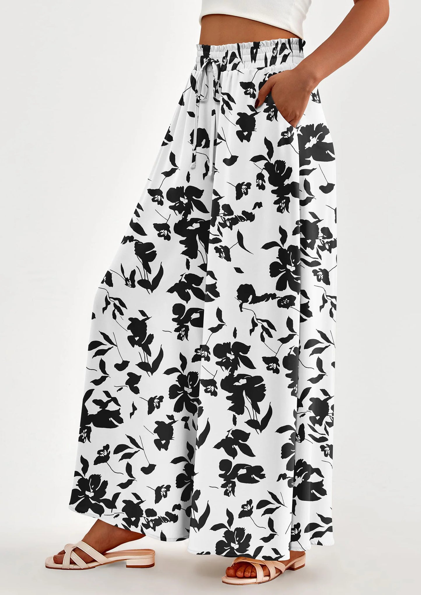 Women's Summer Wide Leg Palazzo Pants High Waisted Flowy Pockets Trendy Casual Lounge Boho Beach Trousers