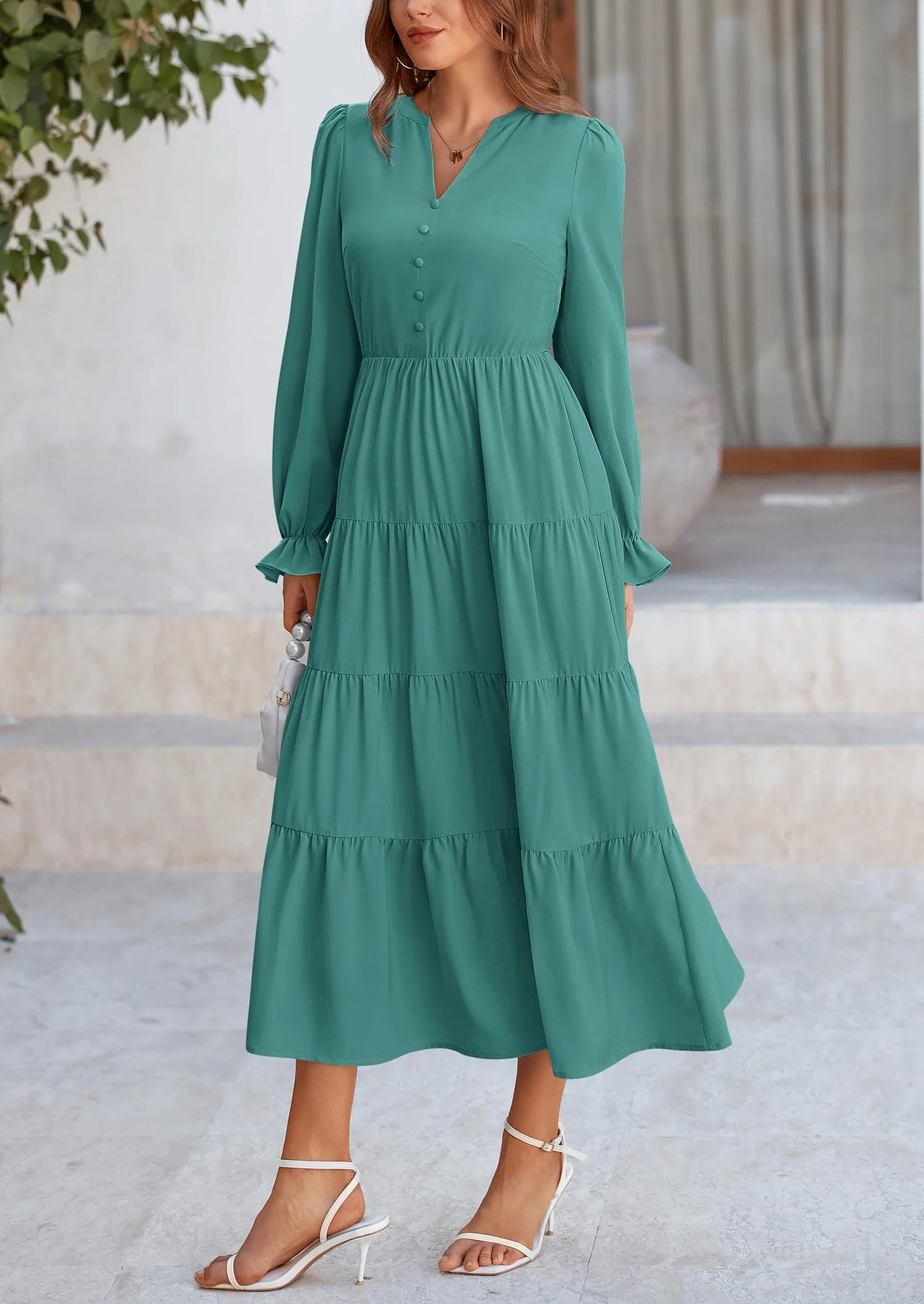 Women Fall Long Sleeve Smocked Maxi Dress Casual Square Neck Swiss Dot Tiered Ruffle Flowy Spring Pocket Dresses