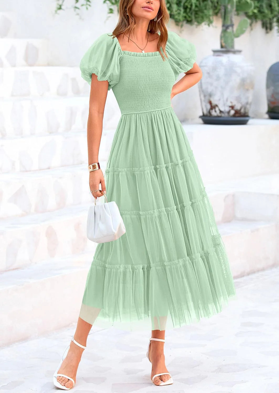 Women's Smocked Tulle Midi Dress Square Neck Puffy Short Sleeve Ruffle Wedding Guest Party Dresses