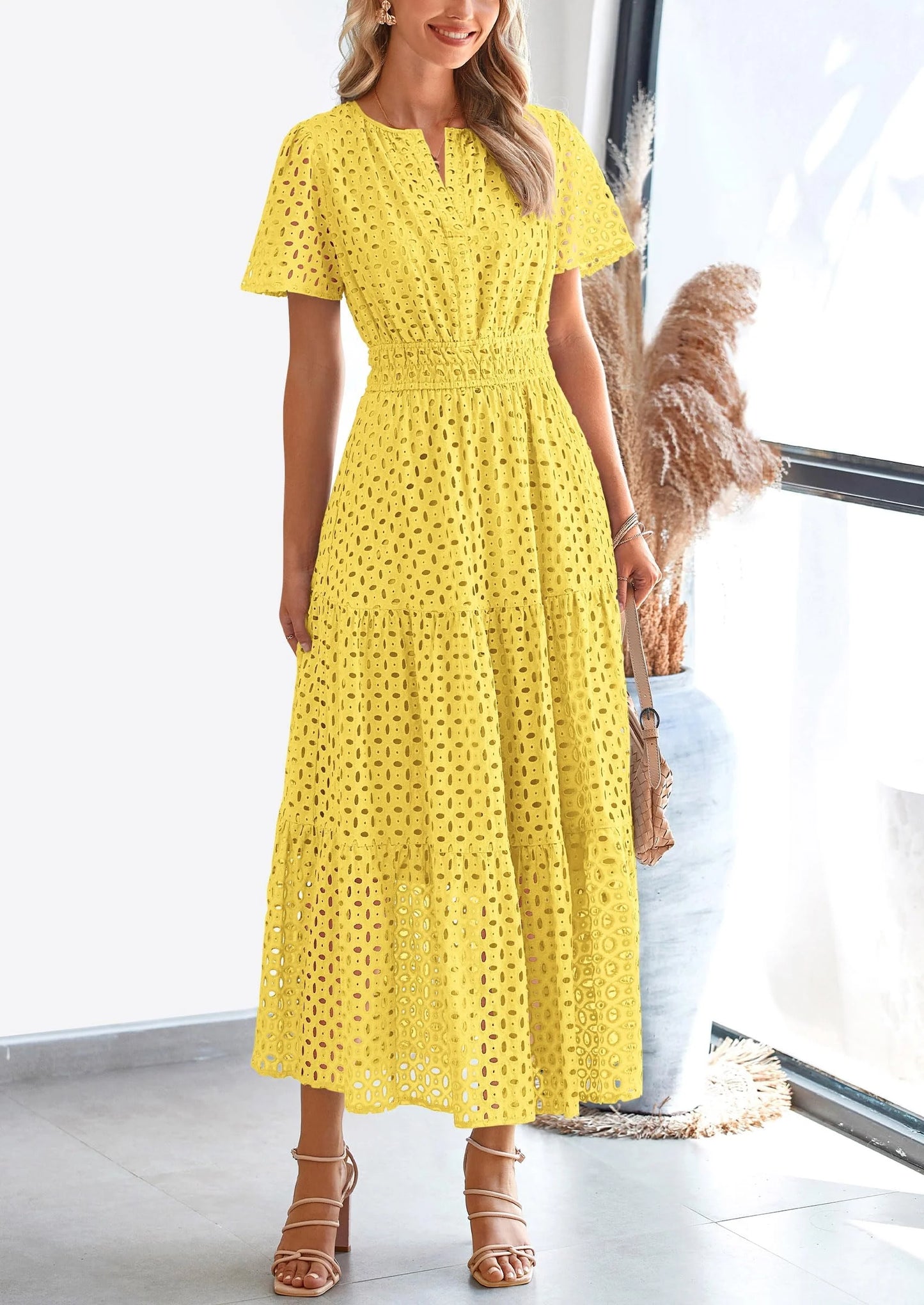 Womens Maxi Dress Short Sleeve V Neck Hollow Out Eyelet A Line Long Flowy Beach Vacation Dresses