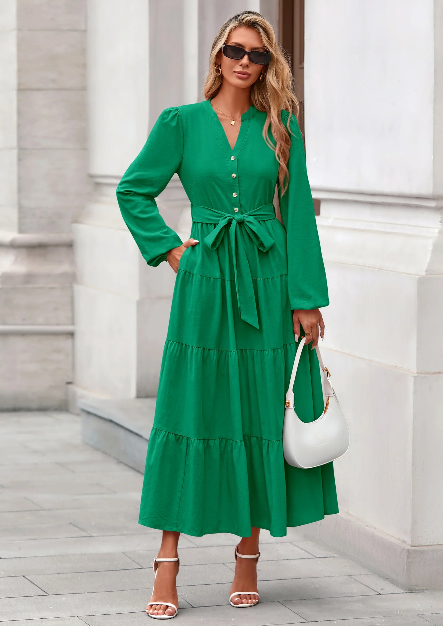 Fall Dresses for Women Long Sleeve V Neck Belted Ruffle A Line Flowy Boho Maxi Wedding Guest Dress Pockets