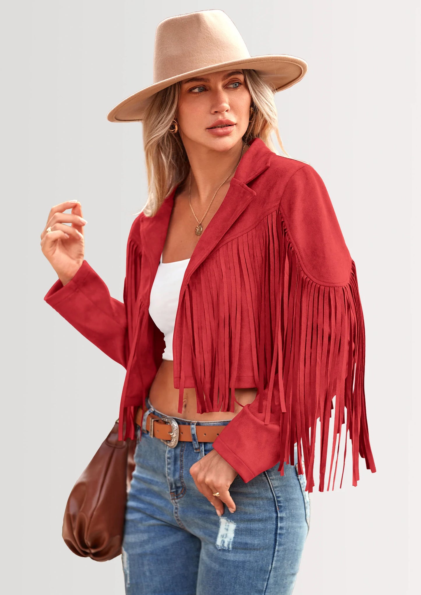 Women's Fringe Faux Suede Leather Jackets Fashion Tassel Motorcycle Cropped Coats