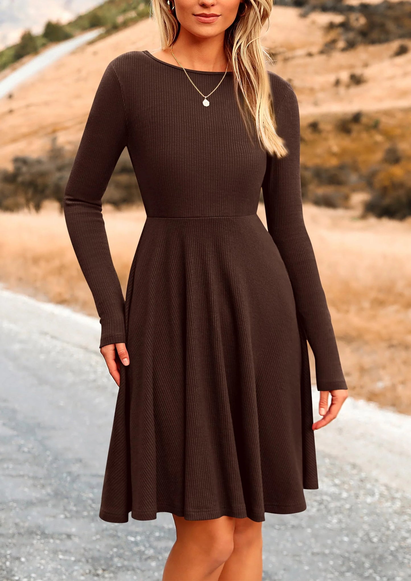 Women's Spring Fall Short Dress Ribbed Knit Crewneck Long Sleeve A Line Flowy Casual Elegant Going Out Dresses