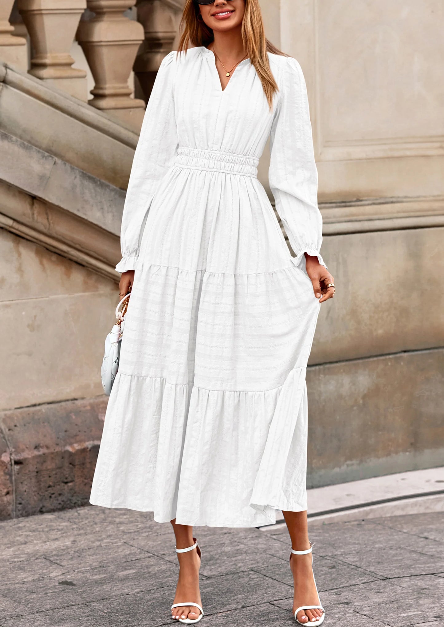 Women's Fall Wedding Guest Dresses Long Sleeve V Neck Flowy Elegant Holiday Party Maxi Dress with Pockets