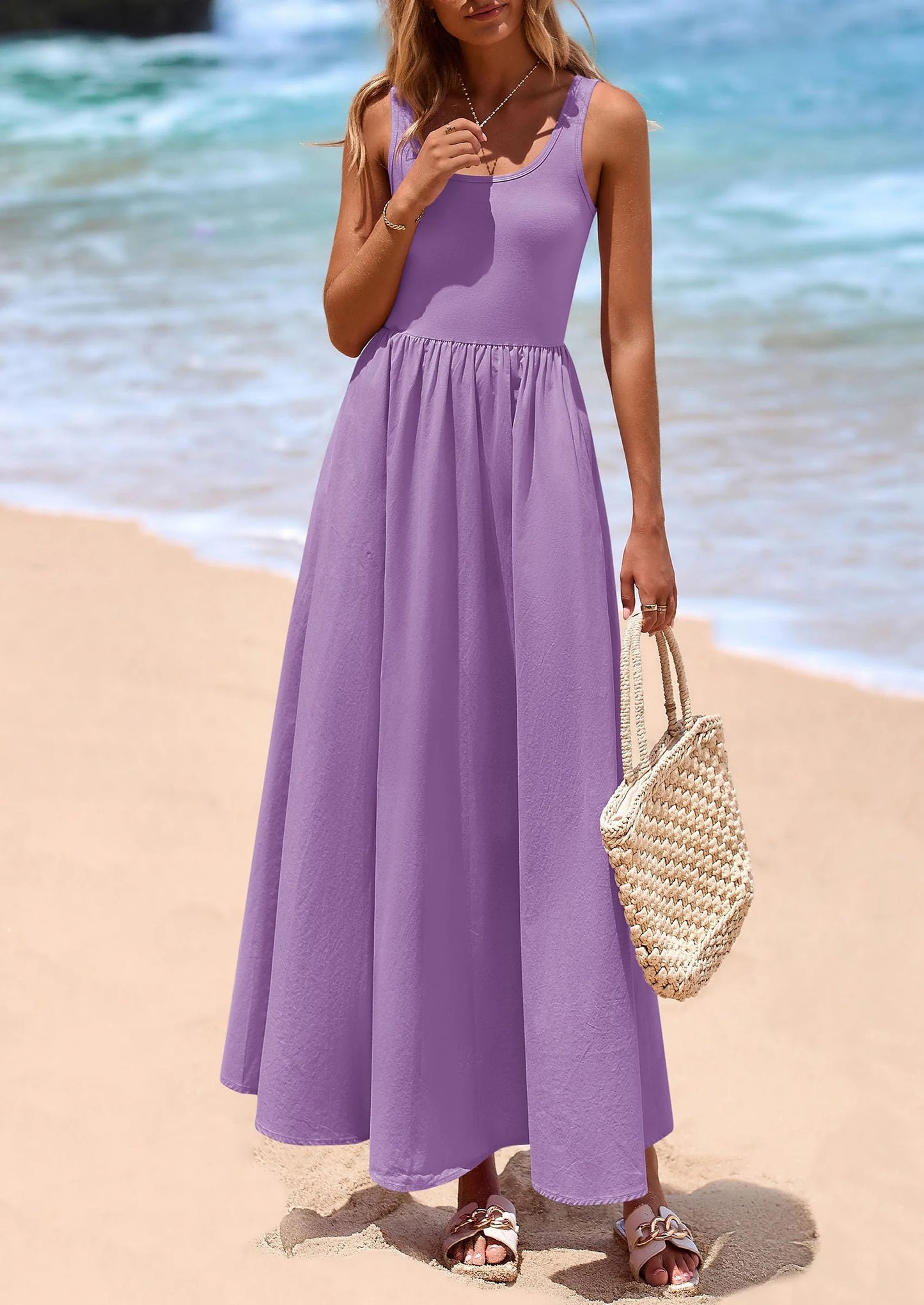 Womens Summer Casual Scoop Neck Sleeveless Long Dresses Tank Top Patchwork Aline Swing Maxi Dress with Pockets