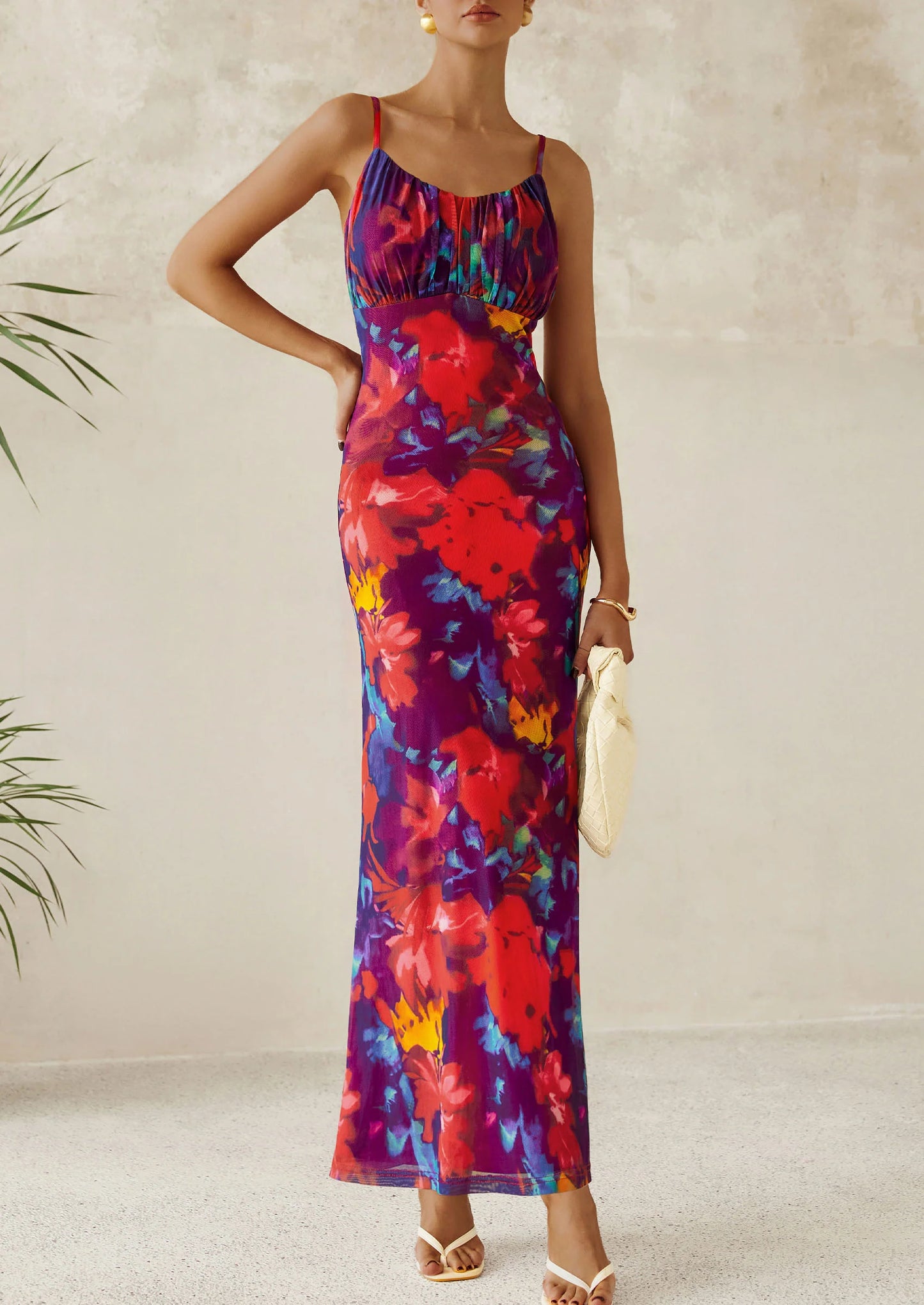 Women's Bodycon Maxi Dress Floral Sundress Sleeveless Spaghetti Strap Cocktail Party Dress