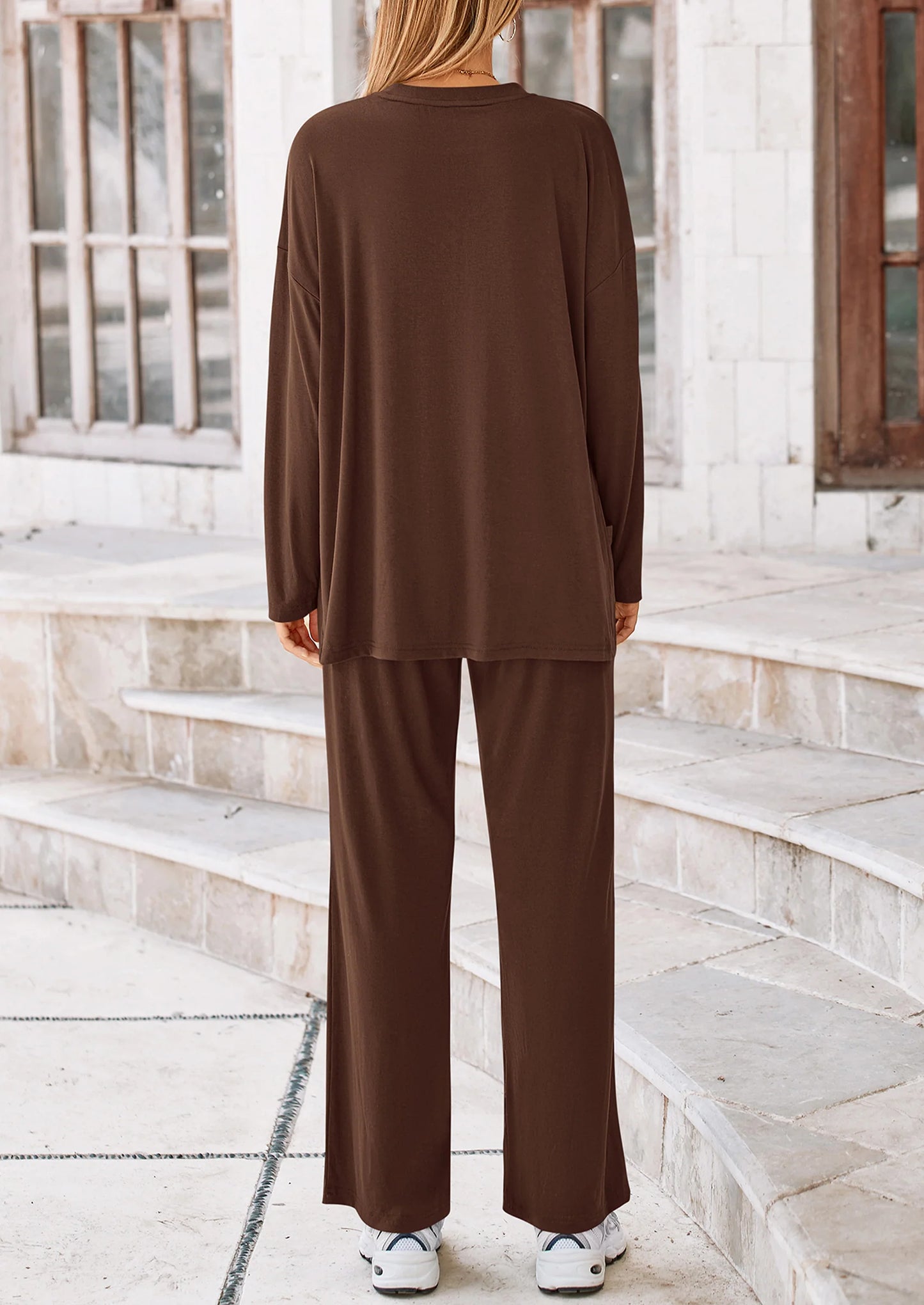Women's Two Piece Lounge Sets Matching Long Sleeve Shirts Wide Leg Pants Tracksuits Travel Outfits Fall Clothes
