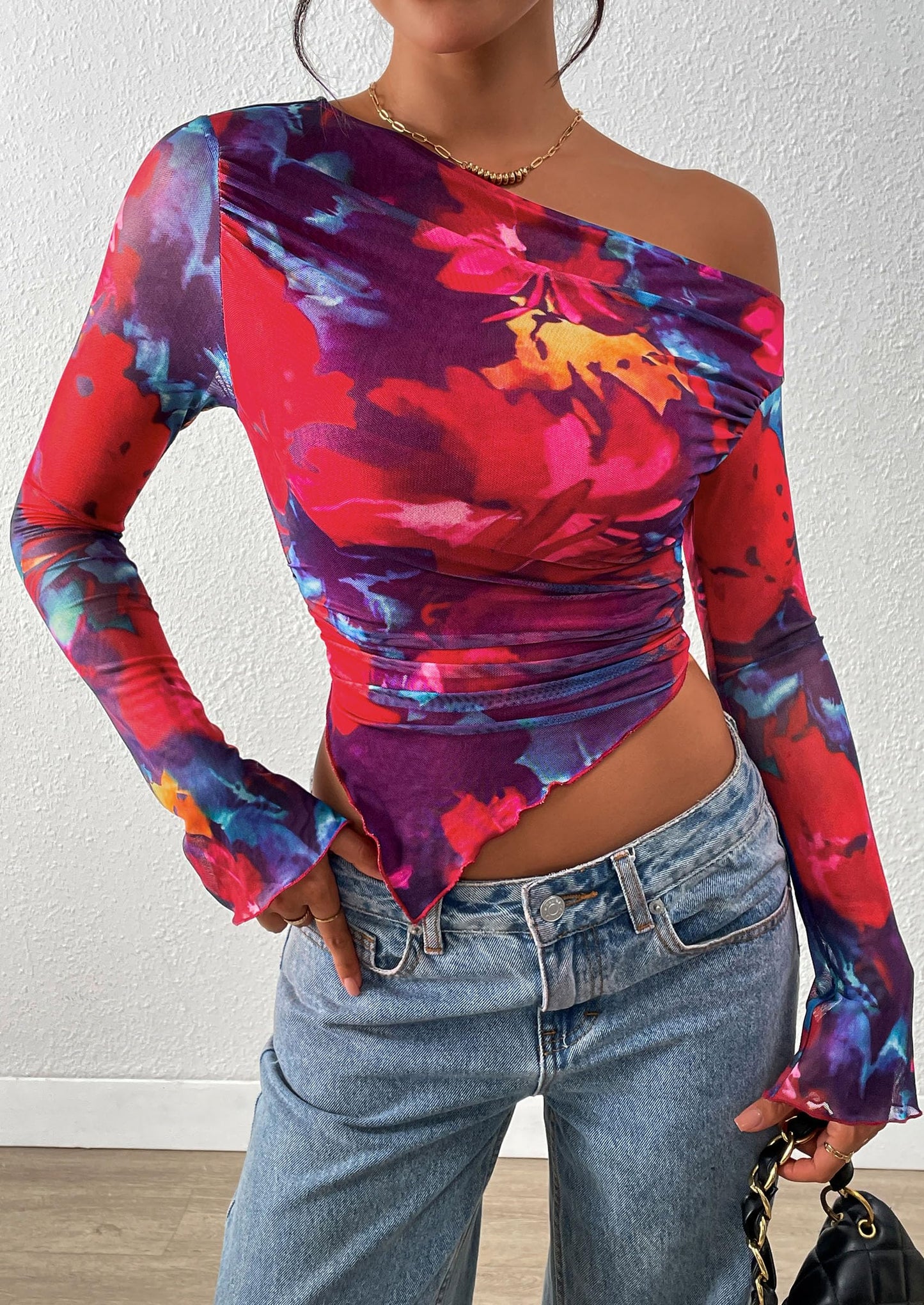 Womens Fall Trendy Off Shoulder Tops Tie Dye Mesh Long Sleeve Shirts Asymmetrical Ruched Floral Blouse