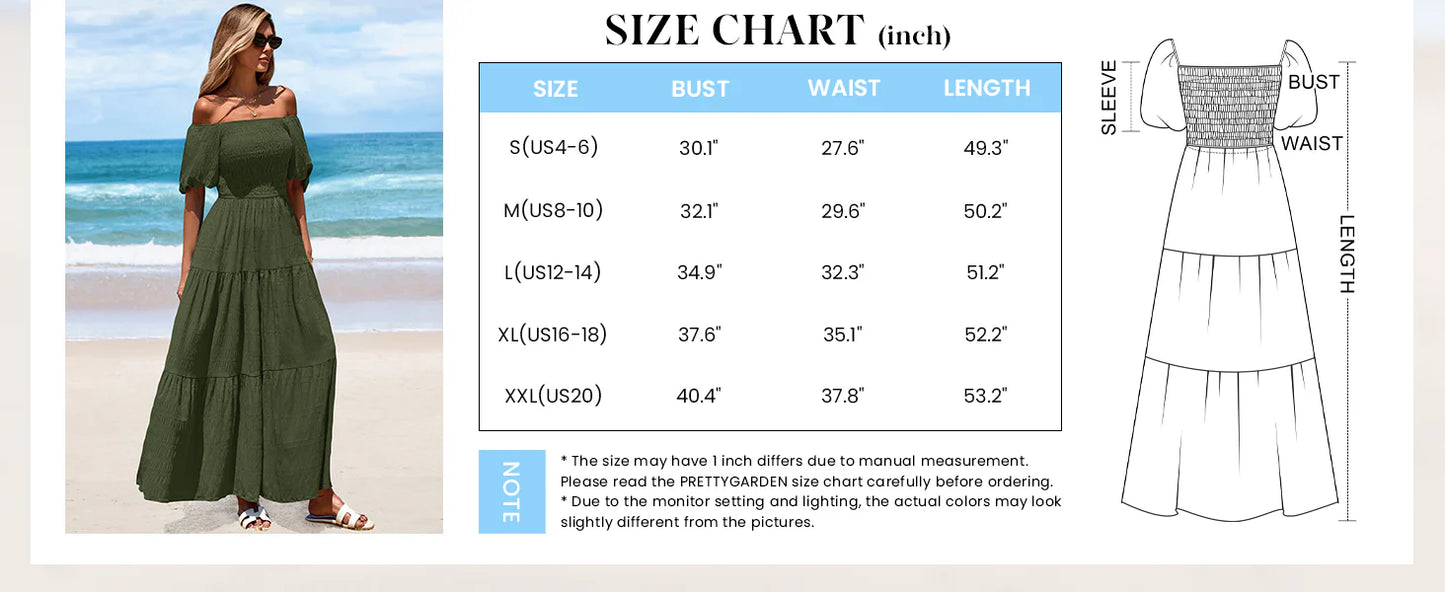 Womens Summer Puff Short Sleeve Maxi Dress Square Neck Smocked Tiered Ruffle A Line Long Flowy Beach Dresses