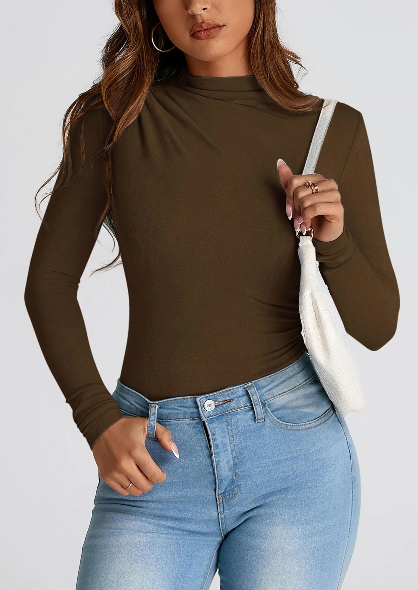 Womens Fall Y2K Going Out Crop Tops Long Sleeve Mock Neck Ruched Slim Fitted Basic Trendy Casual T Shirts Blouse