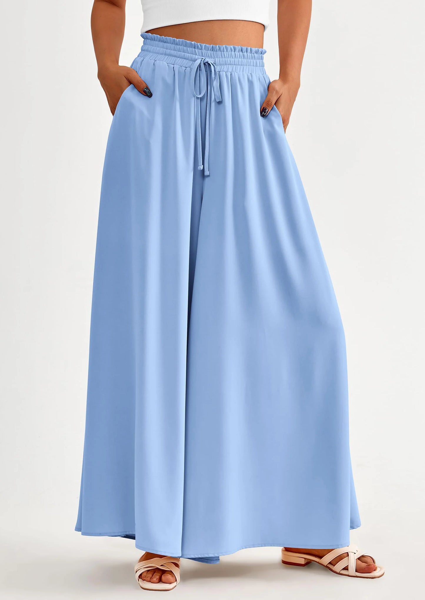 Women's Summer Wide Leg Palazzo Pants High Waisted Flowy Pockets Trendy Casual Lounge Boho Beach Trousers