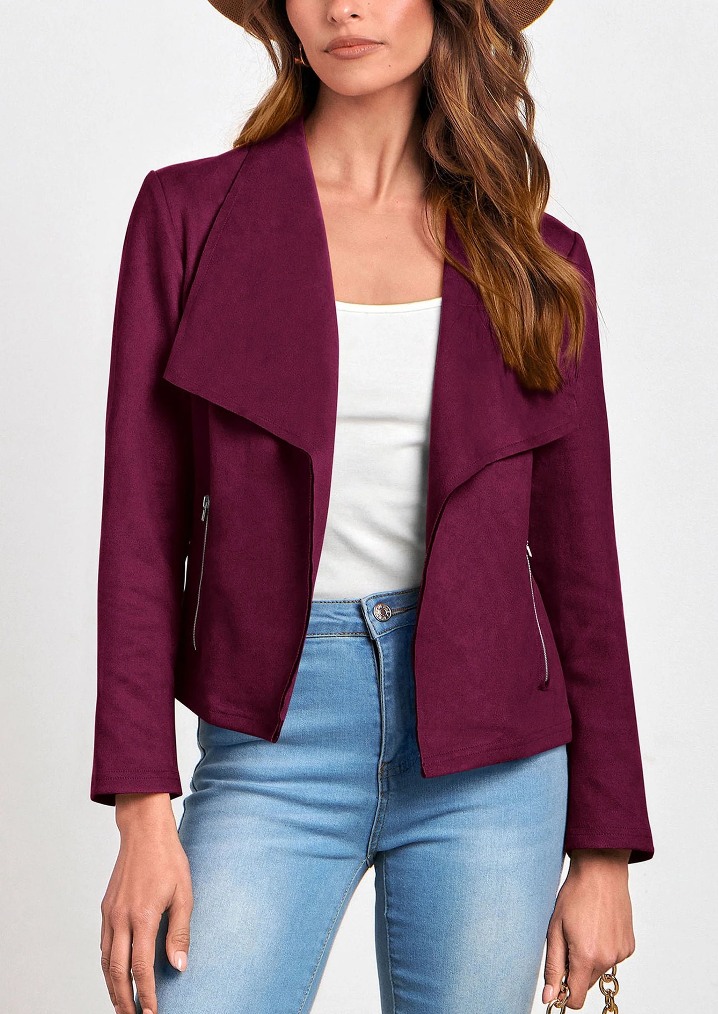 Women's Faux Suede Jackets Fashion Fall Clothes Long Sleeve Open Front Cropped Coat Outwear