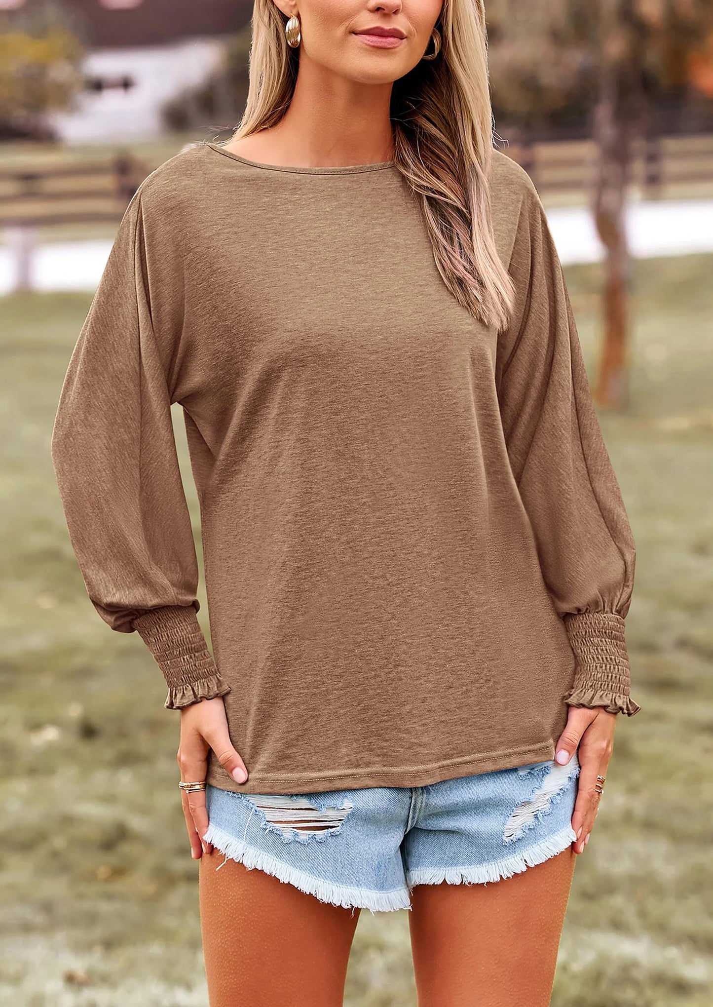 Women's Spring Fashion T Shirts Puff Long Sleeve Crewneck Casual Basic Tee Tops Blouses
