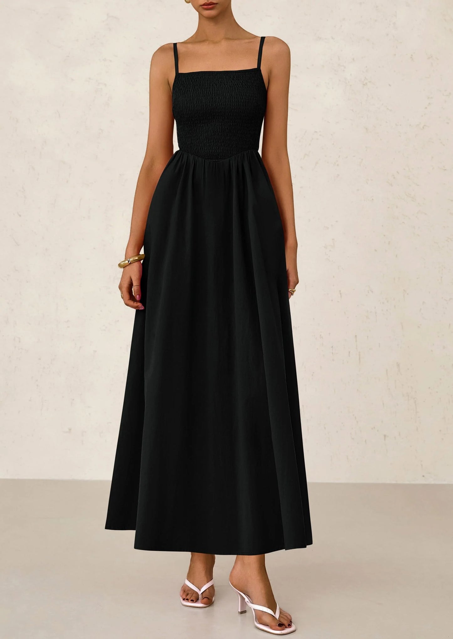 Women's Smocked Maxi Dresses Beach Sundress Casual Spaghetti Strap Swing A Line Long Flowy Dress