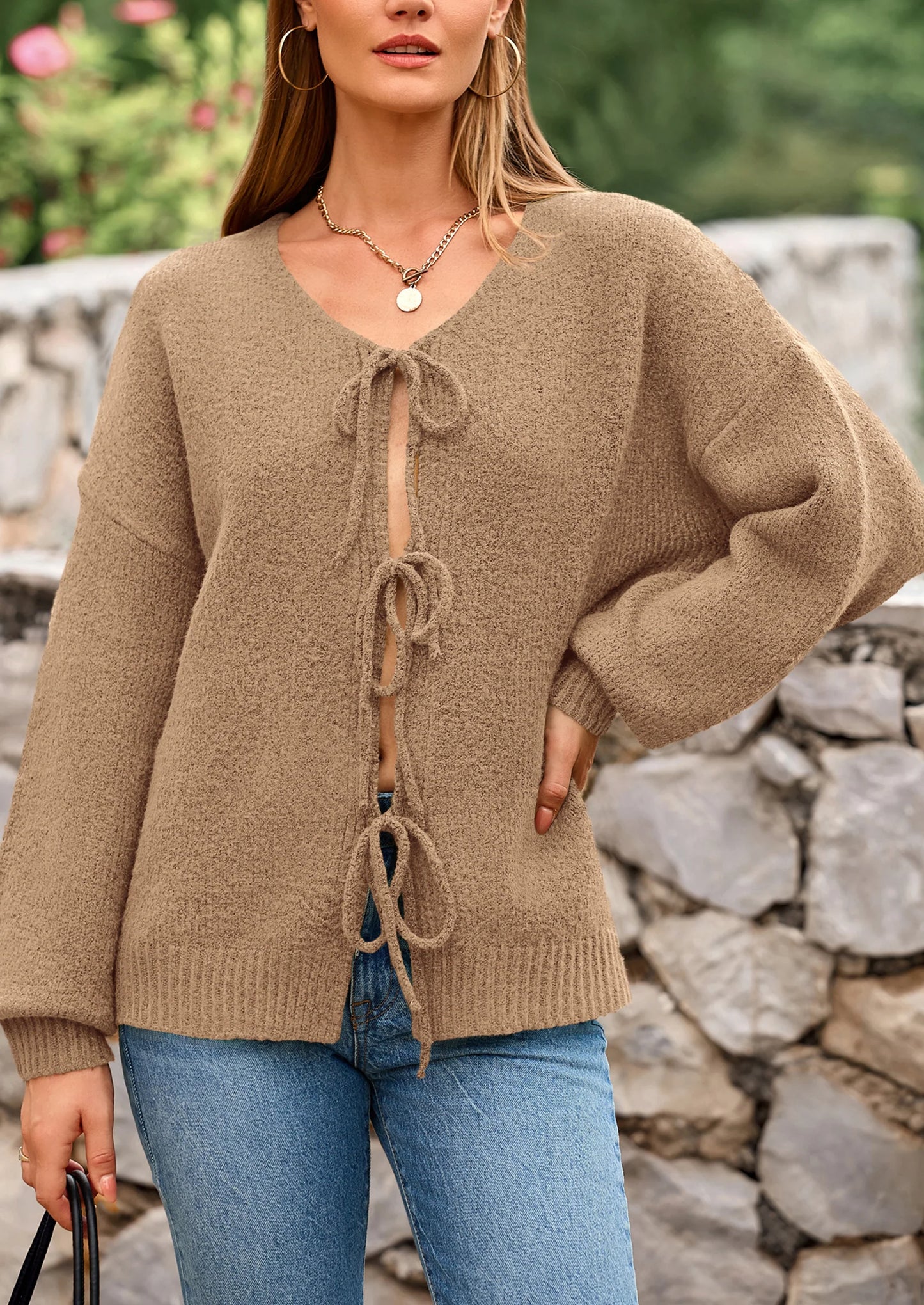 Women's Tie Front Bow Cardigan Sweaters Chunky Knit Long Puff Sleeve Trendy Fall Winter Jacket Coats
