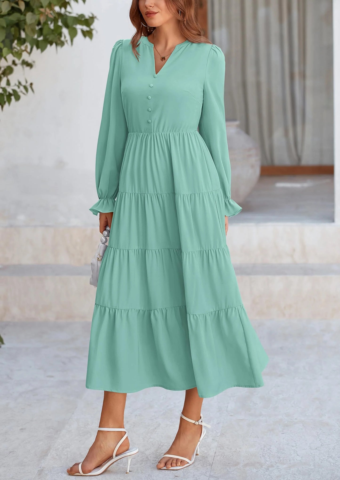 Women Fall Long Sleeve Smocked Maxi Dress Casual Square Neck Swiss Dot Tiered Ruffle Flowy Spring Pocket Dresses