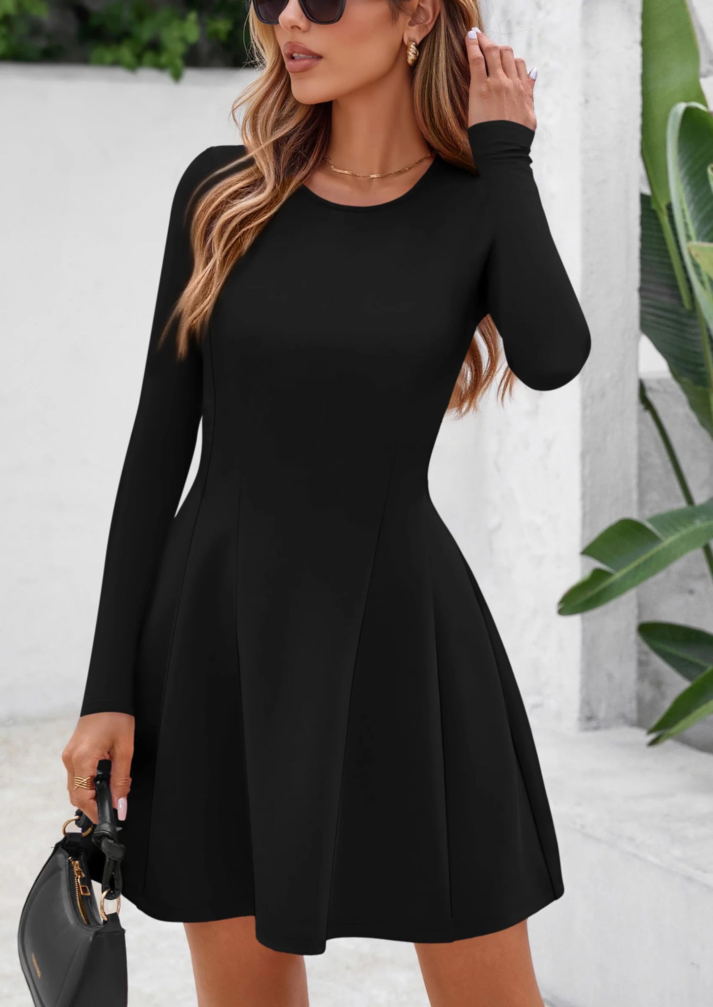 Long Sleeve Mini Dress for Women Fall Crewneck Knit Pleated Babydoll A Line Soft Casual Short Party Dresses