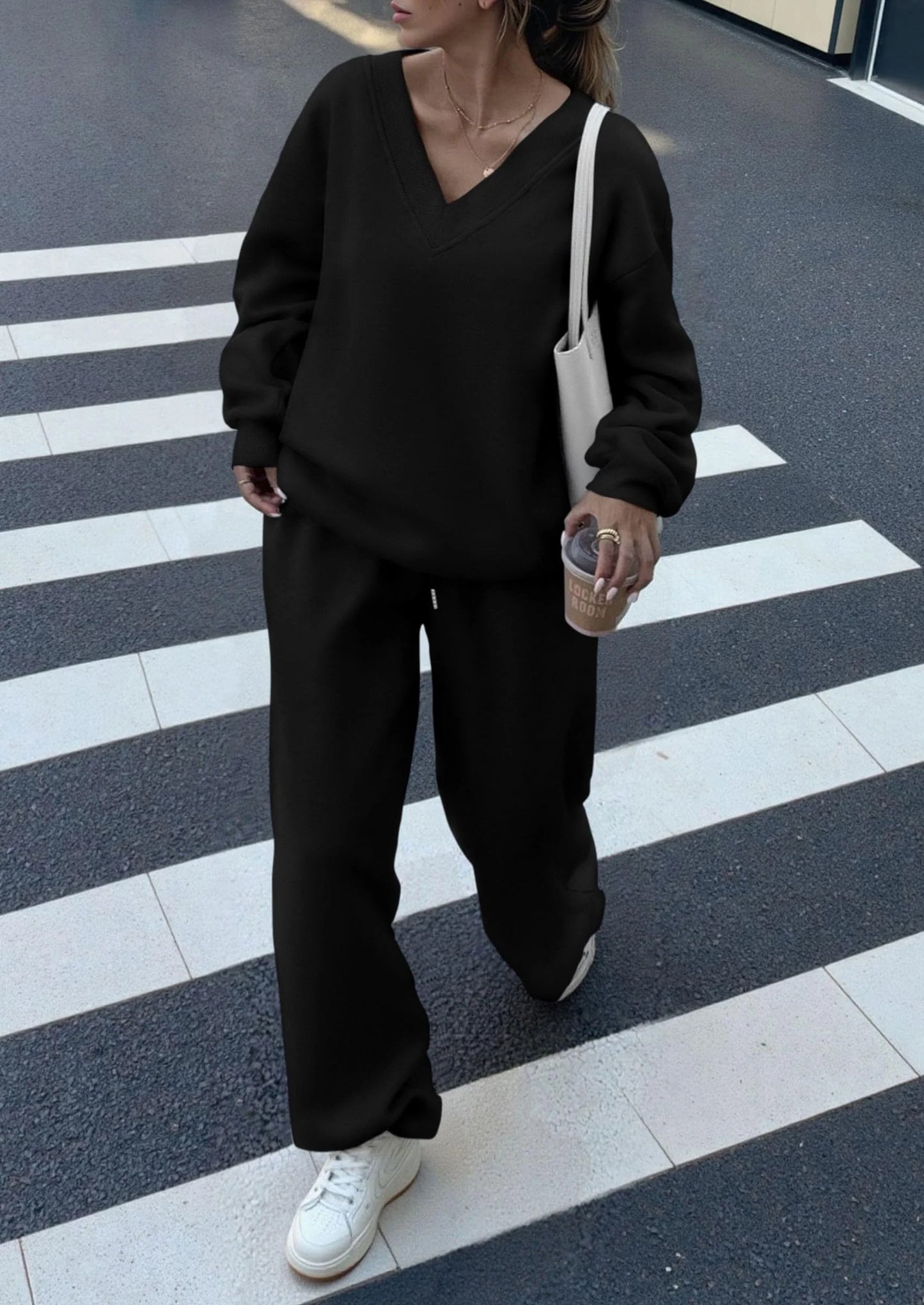 Casual Winter Two Piece Sets for Women V Neck Sweatshirt Loose Wide Leg Pants Tracksuit Knit Fall Outfits