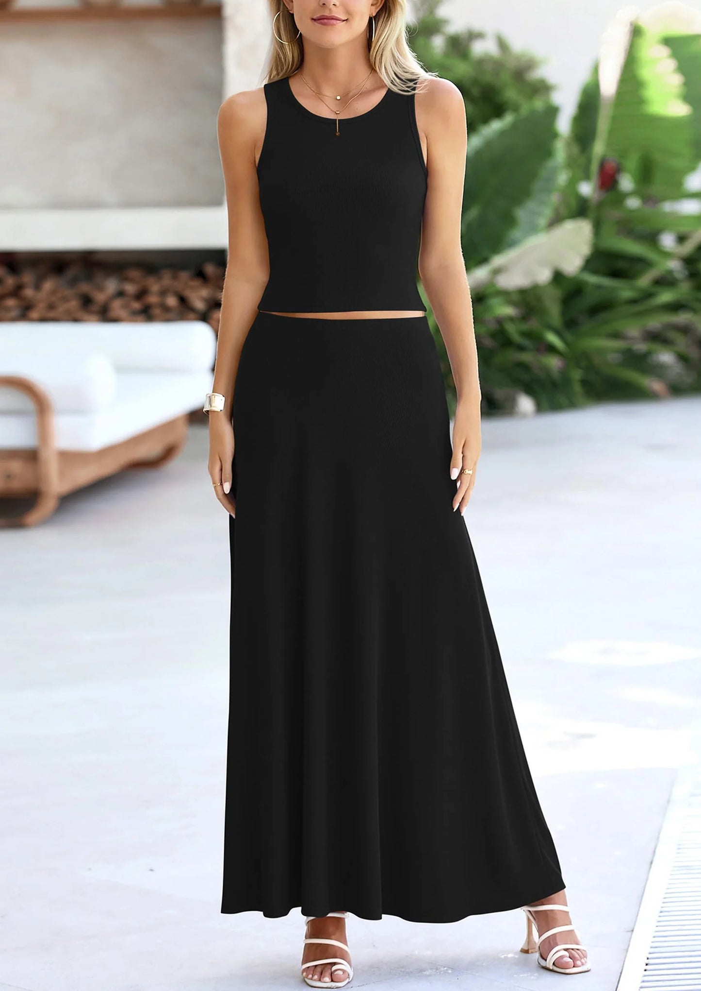 2 Piece Maxi Skirt Sets Casual Knit Cropped Tank Top High Waisted Long Skirts Outfit