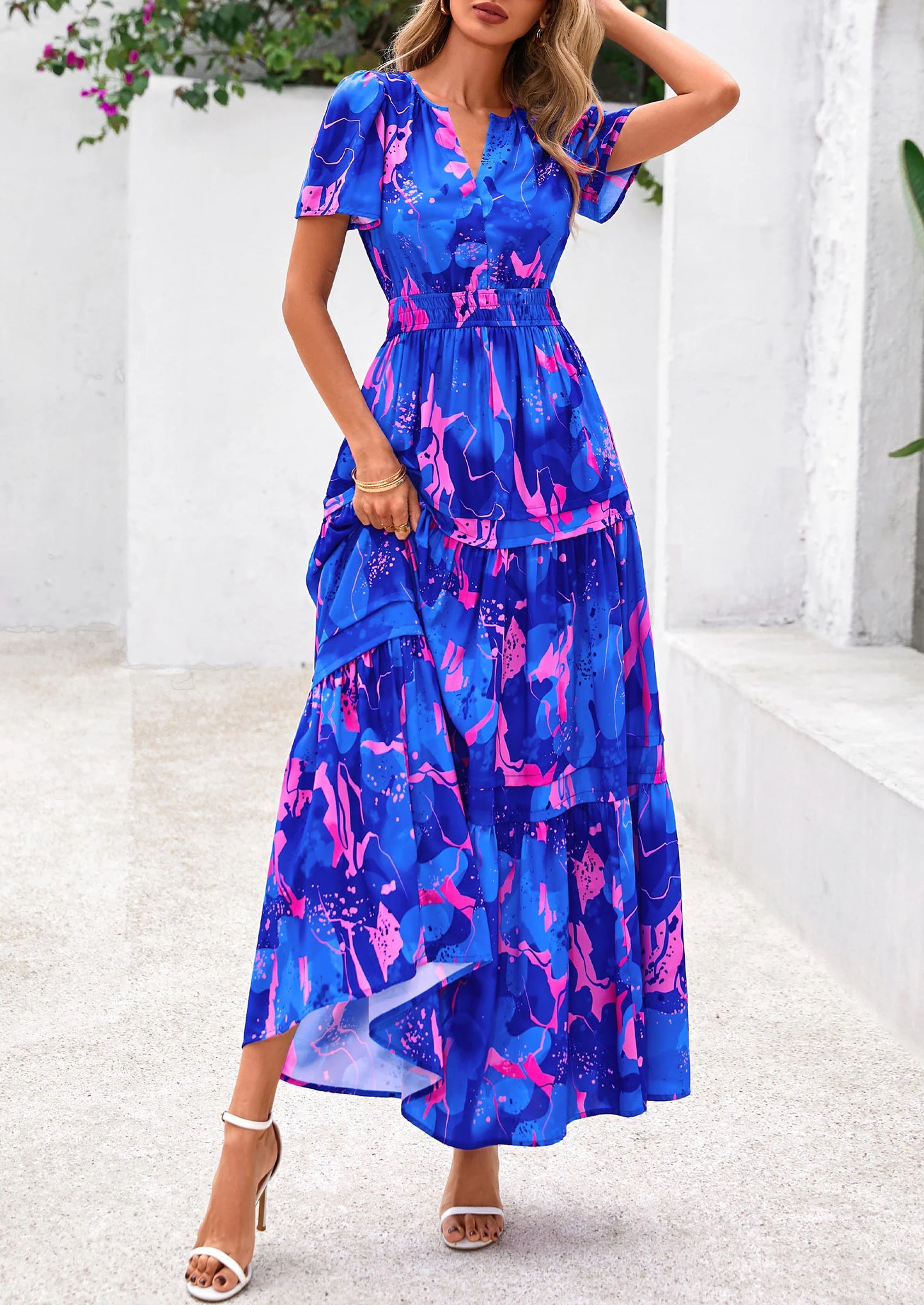 Women's Boho Maxi Dresses Floral Short Sleeve V Neck A Line Tiered Flowy Long Beach Vacation Dress