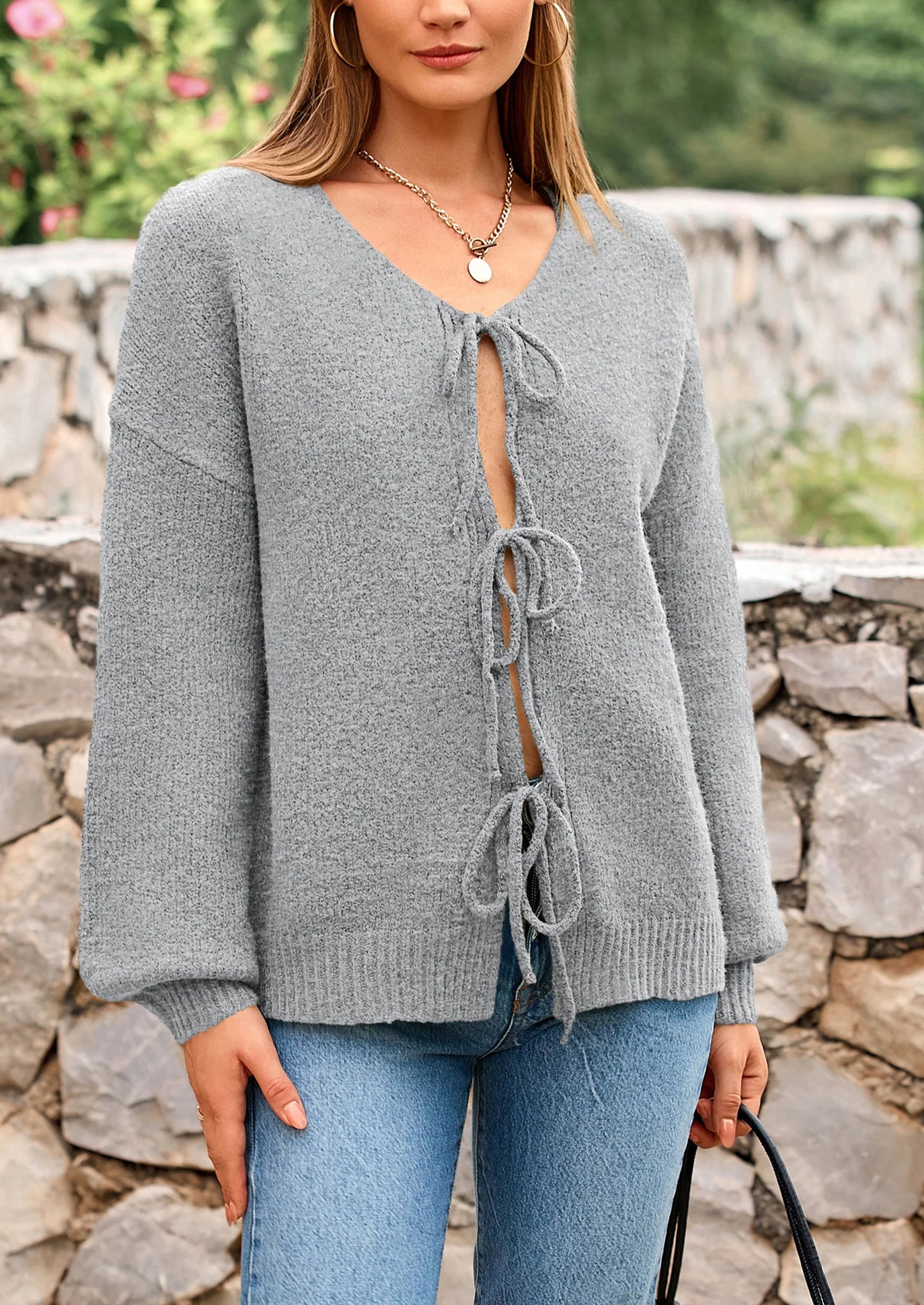 Women's Tie Front Bow Cardigan Sweaters Chunky Knit Long Puff Sleeve Trendy Fall Winter Jacket Coats