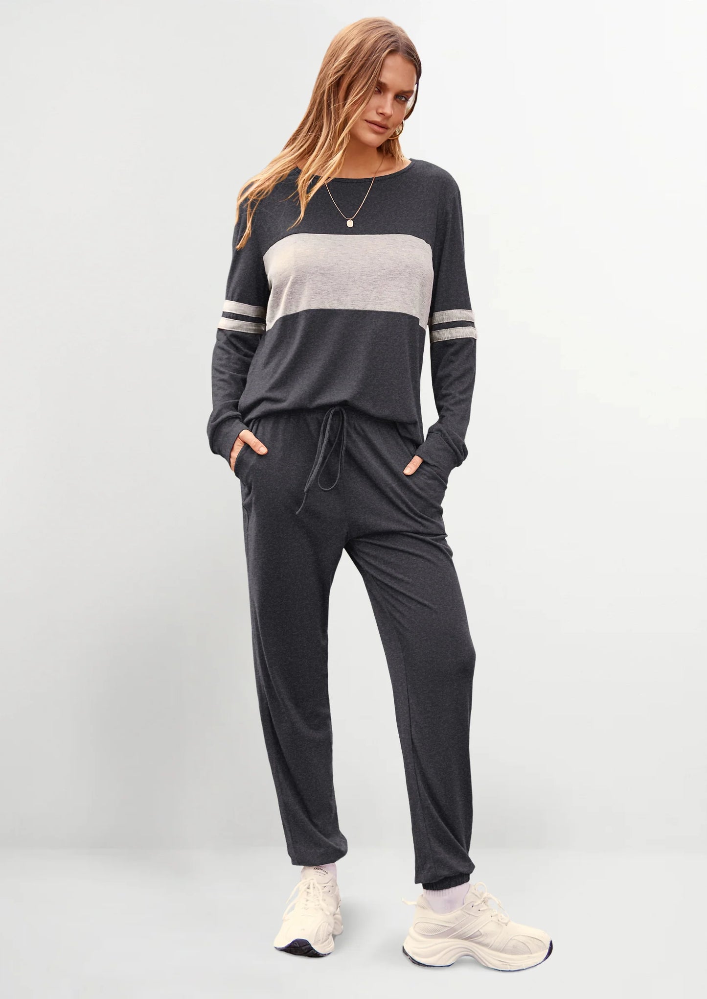 Women's Color Block 2 Piece Spring Tracksuit Crewneck Long Sleeve Tops Long Sweatpants Outfits Lounge Sets