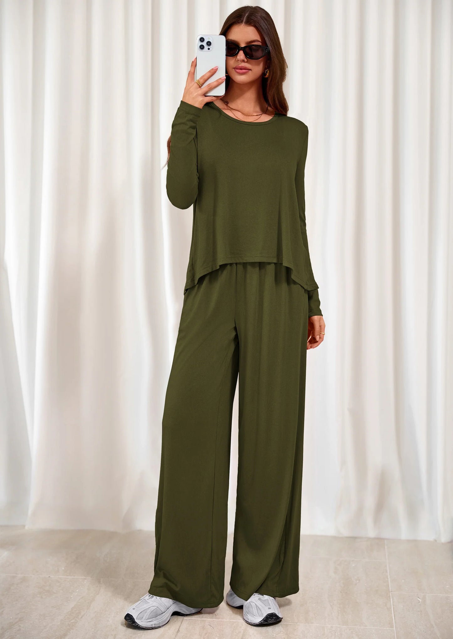 Women's 2 Piece Fall Sets  Casual Long Sleeve Shirts Wide Leg Pants Lounge Travel Outfits Fashion Clothing
