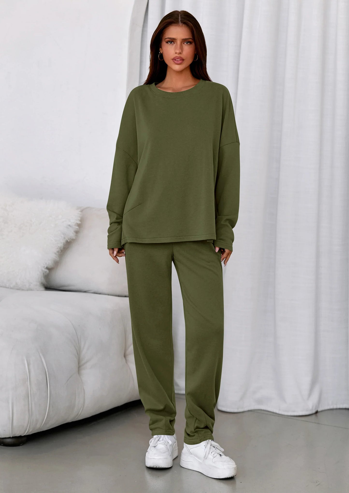 Womens 2 Piece Matching Lounge Sets Fall Long Sleeve Boatneck Sweatsuit Drawstring Sweatpants Pockets
